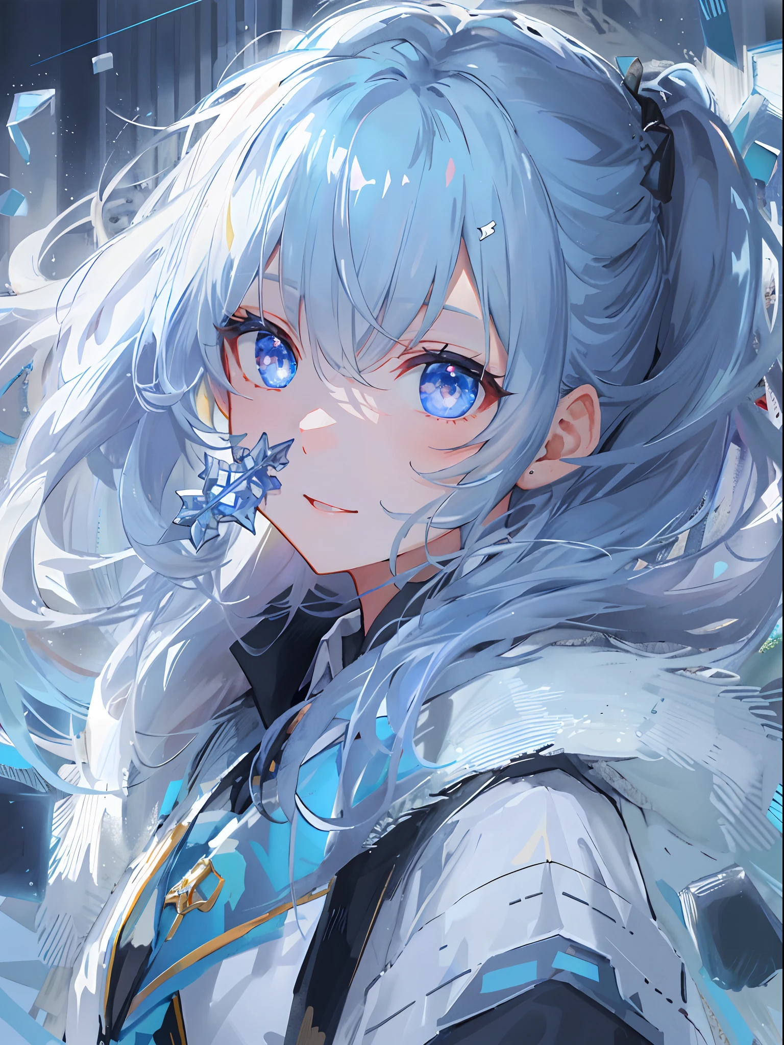 ((top-quality)), ((masterpiece)), ((ultra-detailliert)), (Extremely delicate and beautiful), girl with, 独奏, cold attitude,((Black jacket)),She is very(relax)with the(Settled down)Looks,A dark-haired, depth of fields,Evil smile,Bubble, under the water, Air bubble,bright light blue eyes,inner color with bright gray hair and light blue tips,,,,,,Cold background,Bob Hair - Linear Art, shortpants、knee high socks、White uniform like school uniform、Light blue ribbon ties、Clothes are sheer、Hands in pockets、Bright eyes like sapphire,Fronllesse Blue, A small blue light was floating、Upper Eyes、glass shards、Snowflake patterned eyes、Fantastic eyes