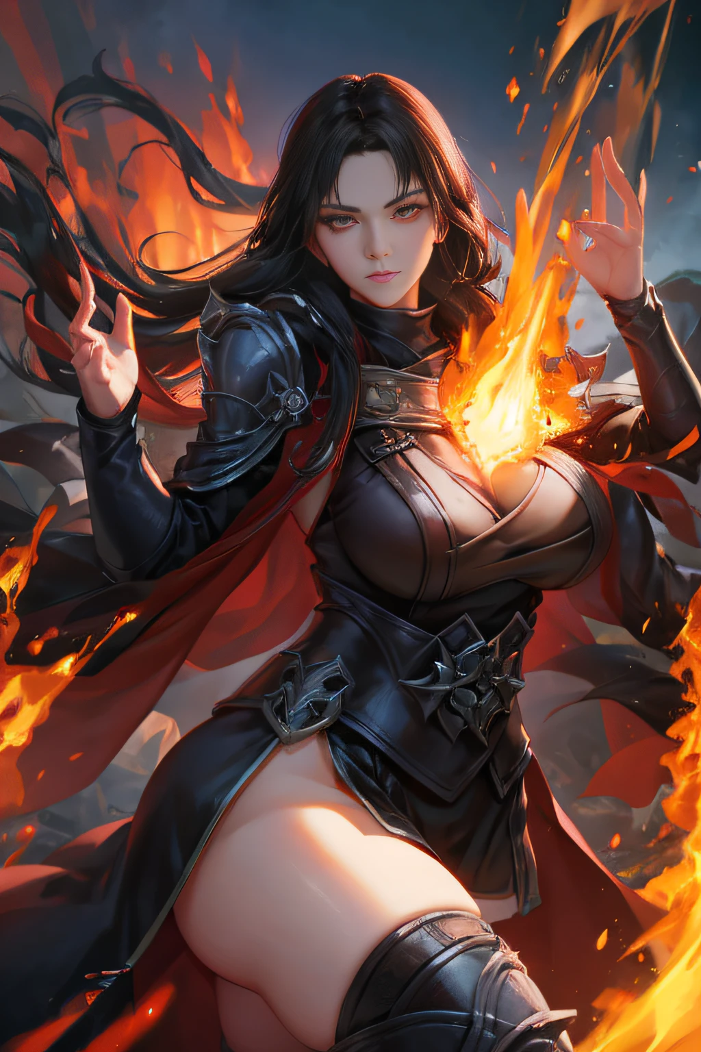 Solo female, Adult beautiful woman, red long hair, yellow eyes, glowing eyes, fire, ancient powers, controlls the fire, exotic, mysterious, confidant, measures 75-40-95, wears a black coat, has fire powers, small waist, confidant, long legs, big legs, big ass, highly voluptuous thighs, extremely detailed face, (perfect anatomy), red and black armor,