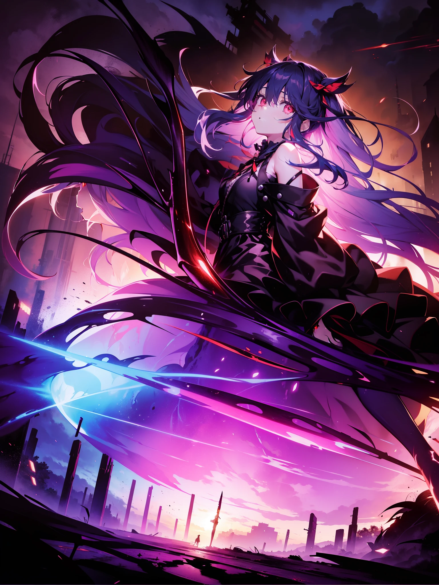 1 loli girl, character focus,cinematic angle,cowboy shot, holding magical rod, crows ,bloody body ,(Faintly emerge from the darkness) ,(((Expressionless))) , ((rape eyes)) ,black hair, long hair, ribbon , black dress, red eyes, (glowing eyes:1.1) , Weird World , Strange world ,darkness, horror, fantasy, Cruel , high resolution,(incredibly absurdres), (hires.fix:1.3),anime visual,ultra detailed CG unity 8k wallpaper, ((masterpiece)), ((top-quality)), (beautiful illustration), ((an extremely delicate and beautiful))