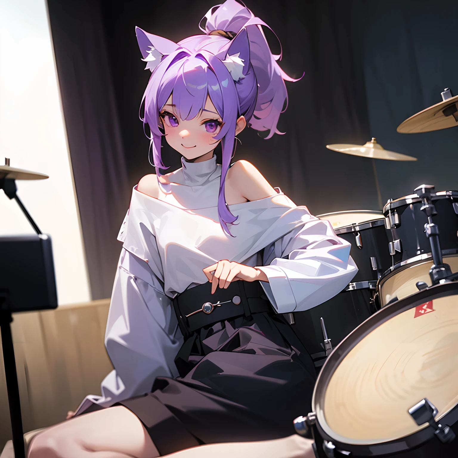 ((Masterpiece)), (High Definition:1.3), (Professional Photography:1.2), best quality, 8K, wide shot, Textured skin, cinematic lighting, (1girl), innocent Beautiful Girl, wide-shot, cute teenage girl, dog ears, (ponytail), purple eyes, very silky hair, (exposed cute shoulder, Off-shoulder long sleeves white T-shirt, black short pants), Slender small breasts, (sit down), (against drums on background), very smile face, pale purple hair, ((high detail of drums)), on the stage
