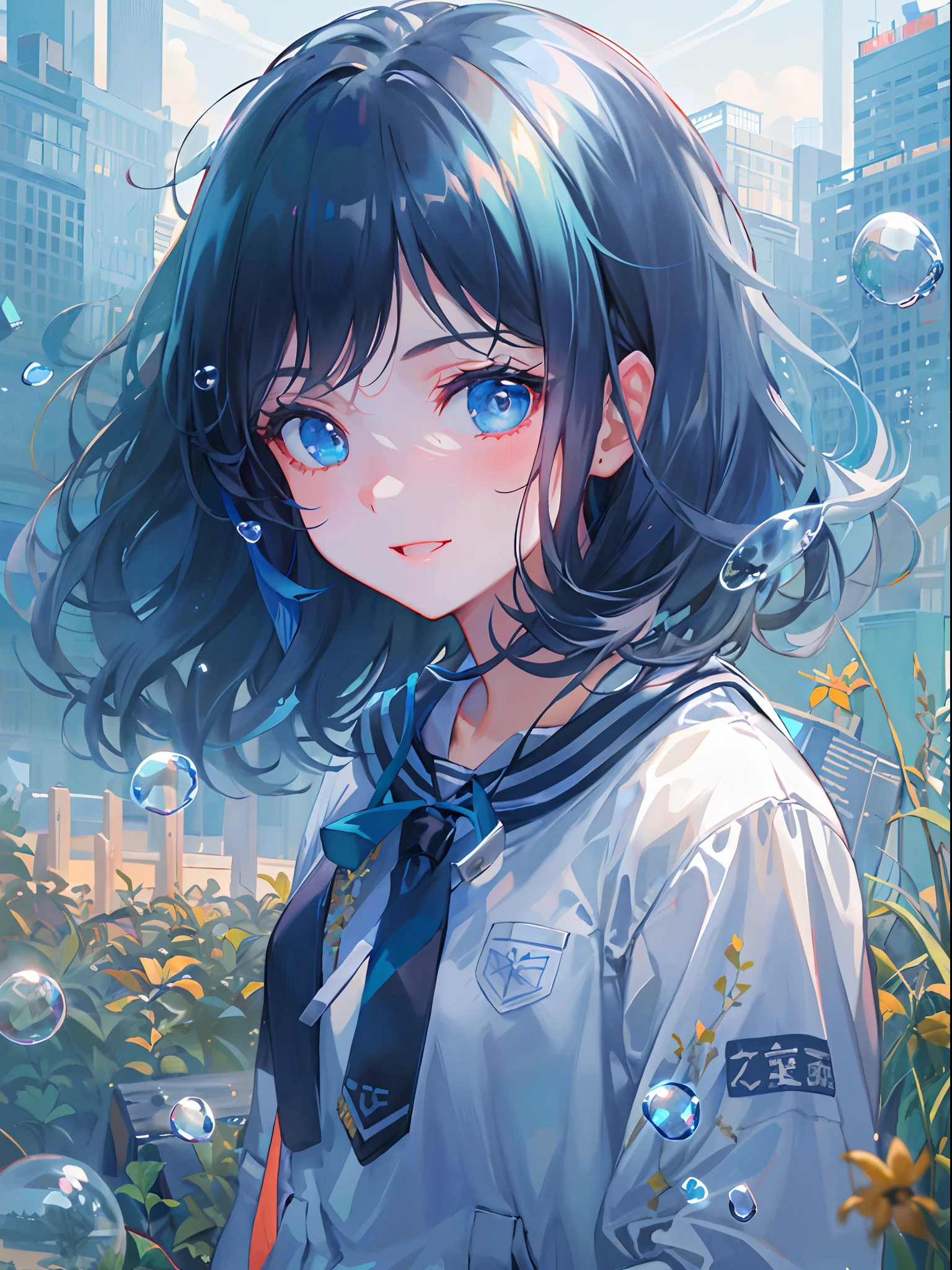 ((top-quality)), ((​masterpiece)), ((ultra-detailliert)), (extremely delicate and beautiful), girl with, 独奏, cold attitude,((Black jacket)),She is very(relax)with  the(Settled down)Looks,A dark-haired, depth of fields,evil smile,Bubble, under the water, Air bubble,bright light blue eyes,Inner color with light blue hair and dark blue tips,Cold background,Bob Hair - Linear Art, shortpants、knee high socks、White uniform like school uniform、Light blue ribbon ties、Clothes are sheer、Hands in pockets