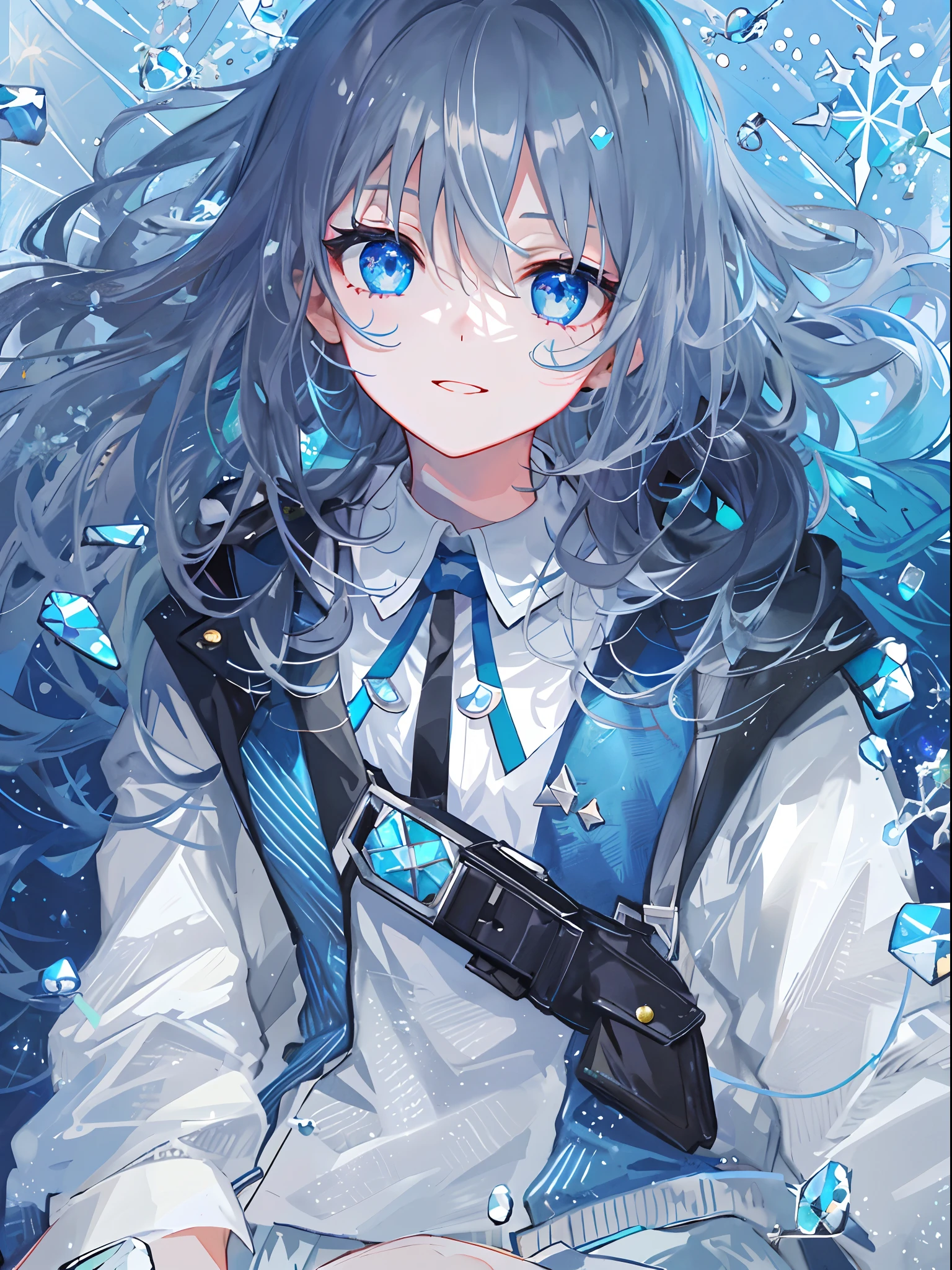 ((top-quality)), ((​masterpiece)), ((ultra-detailliert)), (Extremely delicate and beautiful), girl with, 独奏, cold attitude,((Black jacket)),She is very(relax)with  the(Settled down)Looks,A dark-haired, depth of fields,Evil smile,Bubble, under the water, Air bubble,bright light blue eyes,inner color with bright gray hair and light blue tips,,,,,,Cold background,Bob Hair - Linear Art, shortpants、knee high socks、White uniform like school uniform、Light blue ribbon ties、Clothes are sheer、Hands in pockets、Bright eyes like sapphire,Fronllesse Blue, A small blue light was floating、Upper Eyes、glass shards、Snowflake patterned eyes、Fantastic eyes