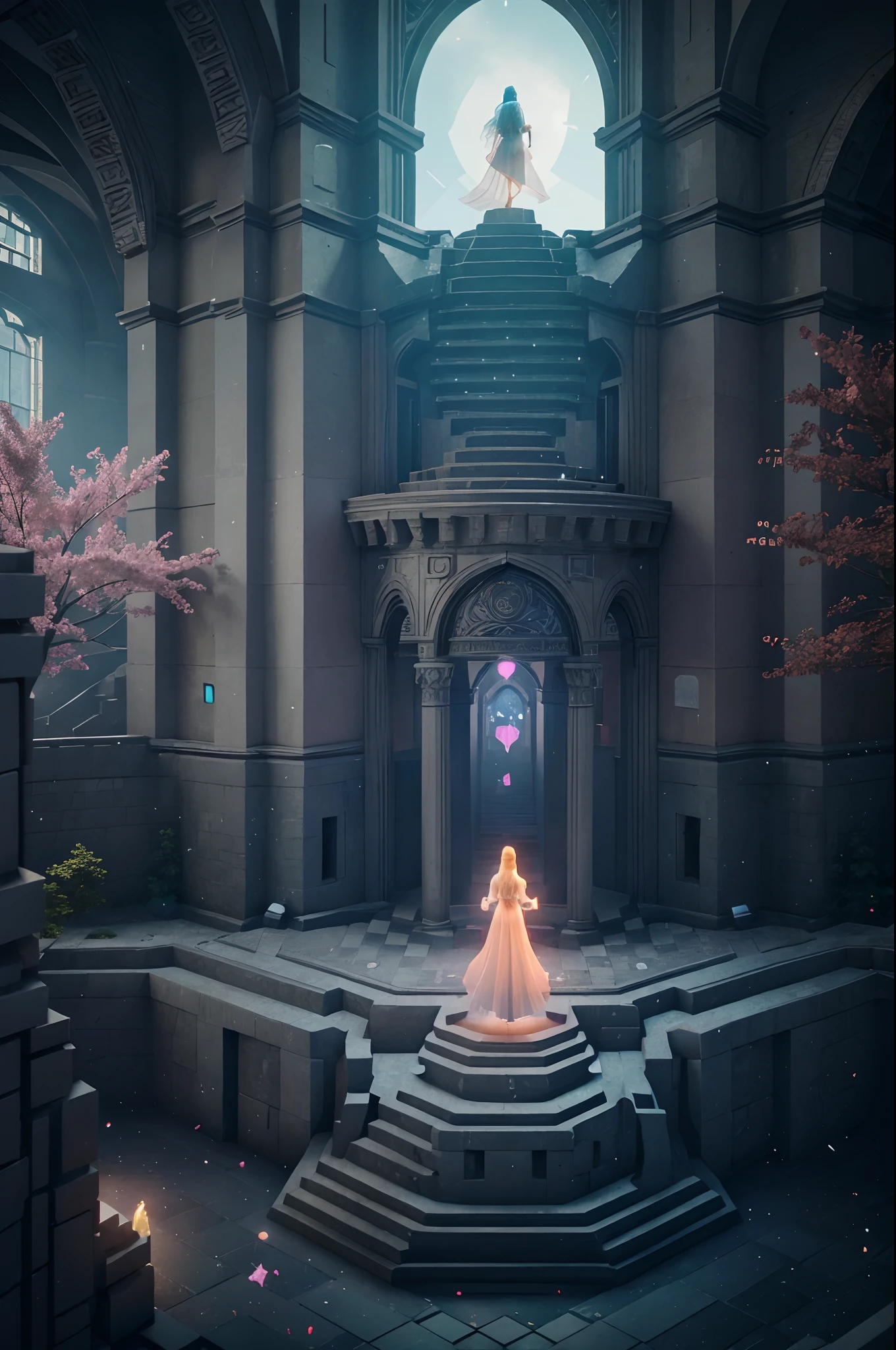 The White Crow Princess searches for the lost ancient crow AI in a mysterious space，Mystic Space is a futuristic castle in medieval style，There are a lot of stairs and mechanisms inside，Intricate staircase，Sparkling treasure，A castle built from blocks，Pink space，Dreamy colors，absurderes，It's ridiculous，ultra-realistic realism，tmasterpiece，high qulity，UHD resolution，16k，realisticlying，Very realistic，Epic fairy tale fantasy，Epic futuristic fantasy，Epic surrealism，Monument Valley style, isometric game art, detailed game art illustration, Isometric art, isometric 2 d game art, Neon ancient ruins, incredible isometric screenshot, Art Station Geometry, Detailed game art, isometric voxel art, beeple daily art, 4K detailed digital art