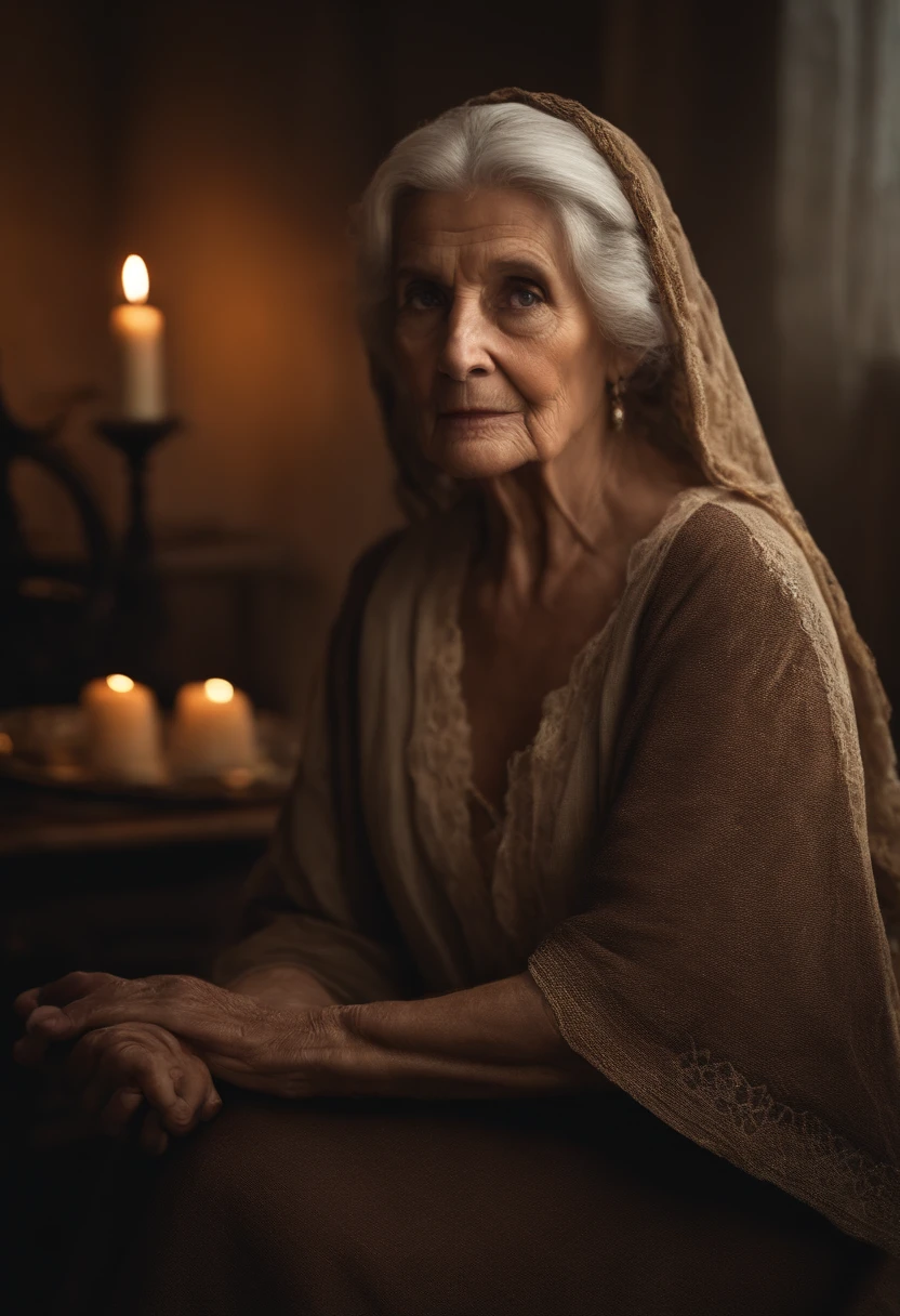 filme de terror, Cursed Old Woman, bruxa, cheia de rugas e cortes no rosto, na casa dos 90 anos, fundo de uma cozinha escura, olhos todos pretos, Roupas escuras, Rasgado, candle in hand, virado para a frente, detalhado no rosto,Realistic image,cabelos grisalhos,corvo