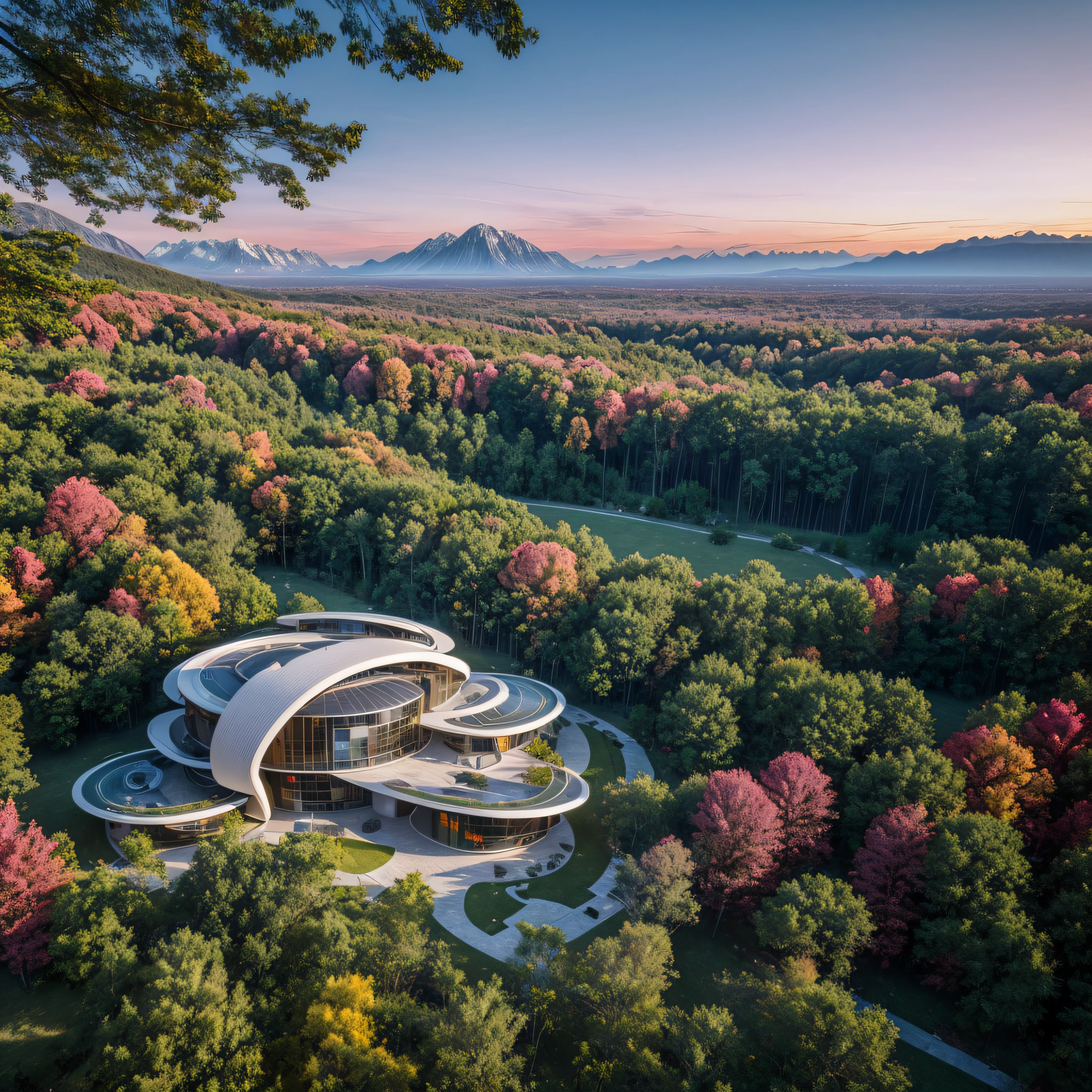 View of panoramic persperctiva, cinematic lighting, a house of futuristic modern architecture in the foreground, surrounded by forests and meadows of pink leaves, in the background there are spectacular mountains and beautiful skies