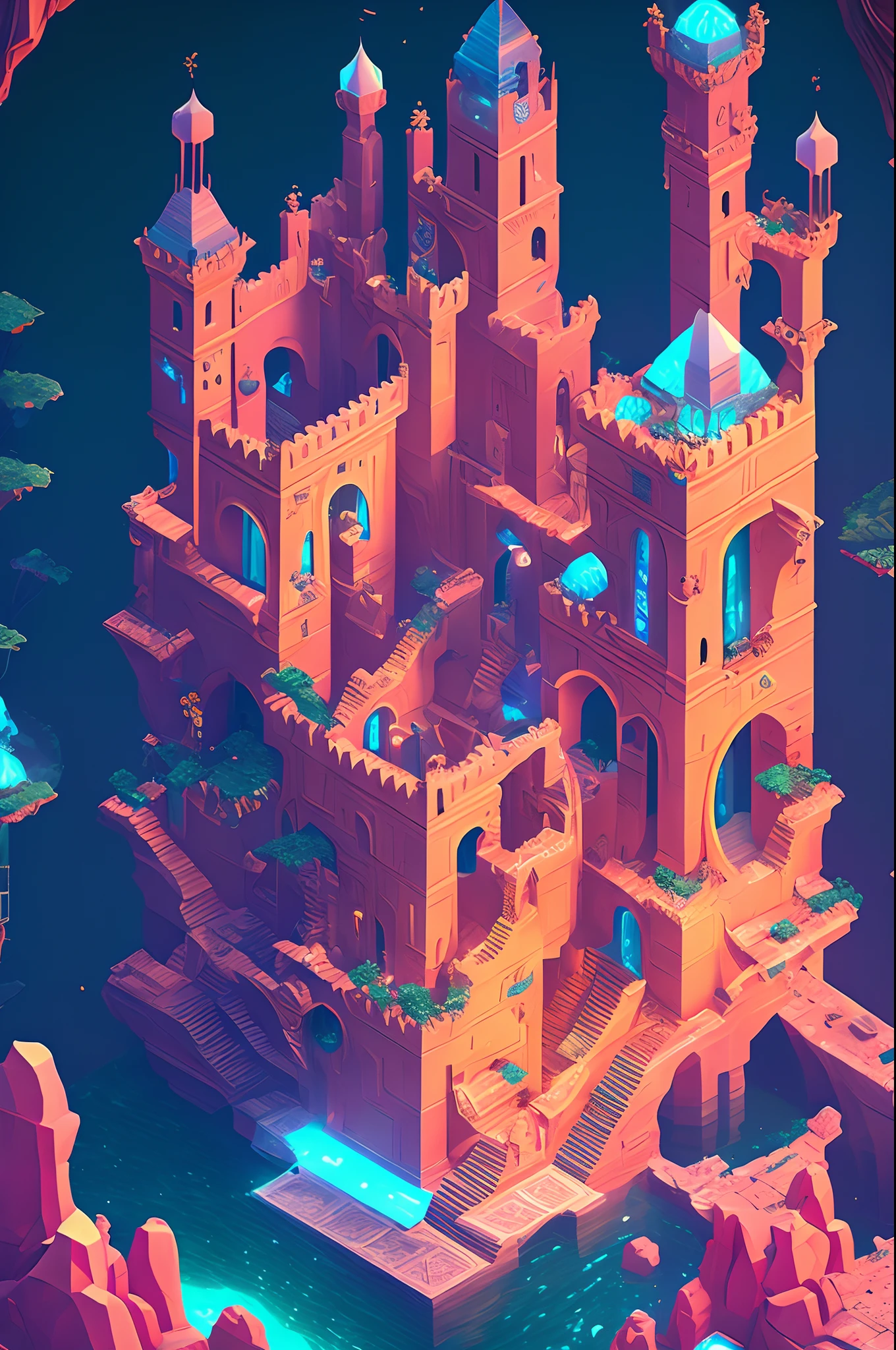 The White Raven Princess searches for the lost Ancient Raven AI in a mysterious space，Mystic Space is a futuristic castle in medieval style，There are a lot of stairs and mechanisms inside，Intricate staircase，Sparkling treasure，A castle built with blocks，Pink space，Dreamy colors，absurderes，It's ridiculous，ultra-realistic realism，tmasterpiece，high qulity，UHD resolution，16k，realisticlying，Very realistic，Epic fairy tale fantasy，Epic futuristic fantasy，Epic surrealism，Monument Valley style, isometric game art, detailed game art illustration, Isometric art, isometric 2 d game art, Neon ancient ruins, incredible isometric screenshot, Art Station Geometry, Detailed game art, isometric voxel art, beeple daily art, 4K detailed digital art