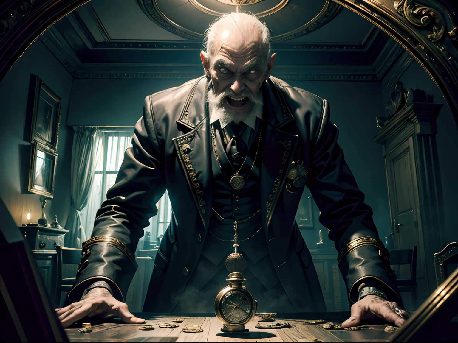 an magician very old zombies man in a spooky old house, wearing magician style, holding old pocket watch, hypnotic with old pocket watch, evil laugh expression, floating coins and card around, look at camera, magic particle light atmosphere, fog, horor movie style, lots of detail, highly detailed, perfect anatomy, detailed face and eyes, nvidia RTX, wide angle view, ultra realistic, UHD, detailed texture, artistic, dynamic composition, fine art, masterpiece, prespective view, rays tracing, trending intricate painting, trending on art station