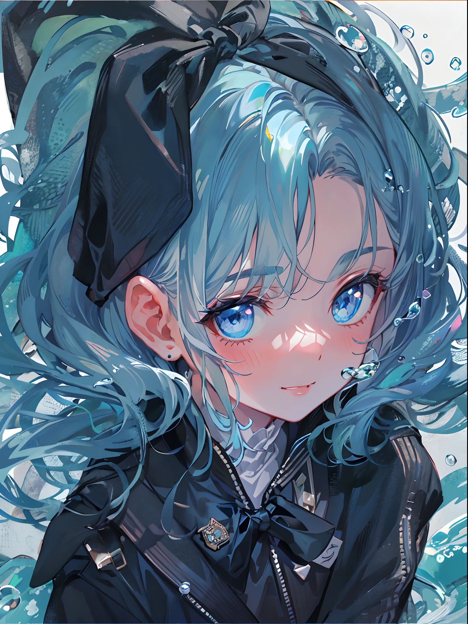 ((top-quality)), ((masterpiece)), ((ultra-detailliert)), (extremely delicate and beautiful), girl with, 独奏, cold attitude,((Black jacket)),She is very(relax)with the(Settled down)Looks,A dark-haired, depth of fields,evil smile,Bubble, under the water, Air bubble,bright light blue eyes,Inner color with light blue hair and dark blue tips,Cold background,Bob Hair - Linear Art, shortpants、knee high socks、White uniform like school uniform、Light blue ribbon ties、Clothes are sheer、Hands in pockets、Halloween