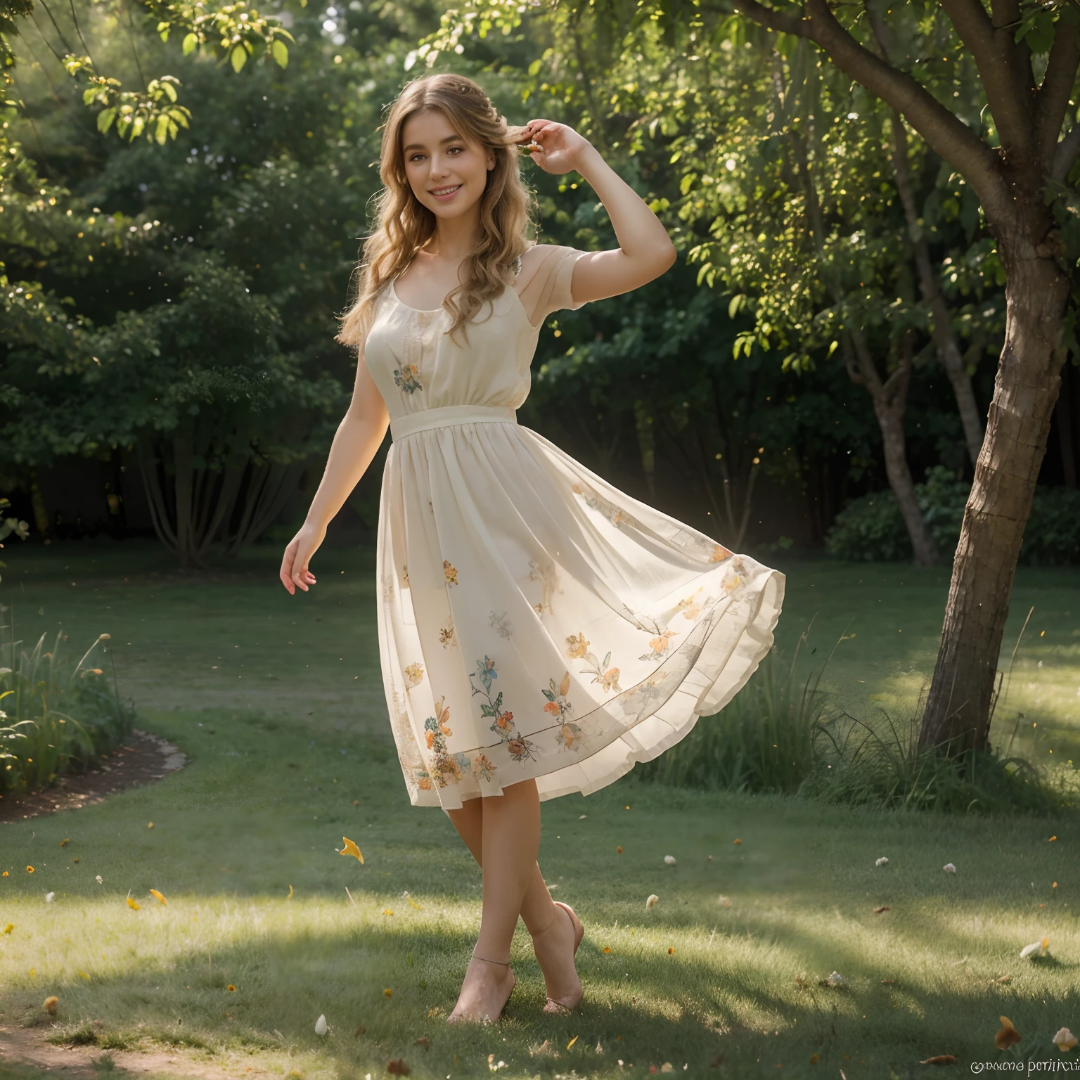 (best quality,4k,8k,highres,masterpiece:1.2),ultra-detailed,(realistic,photorealistic,photo-realistic:1.37),a girl,beautiful detailed eyes,beautiful detailed lips,extremely detailed face,blonde hair,rosy cheeks,marvelous appearance,fair skin,park background,russian girl,strolling gracefully,dressed in a floral dress,twirling dress,golden sunlight,soft shadows,natural surroundings,lush greenery,flower-filled meadow,colorful butterflies,dainty footprints on the grass,joyful smile,captivating gaze,gentle breeze,sparkling eyes,bouncing curls,innocent expression,peaceful atmosphere,serene setting,cheerful mood,relaxed posture,perky ponytail,loose strands of hair,mixed sunlight and shade,warm summer day,glowing complexion,fairytale-like environment,playful movement,dreamy atmosphere,birds chirping,sunlit path,relaxed ambiance,rustling leaves,wind-blown dress,delicate features,magical charm,serene aura