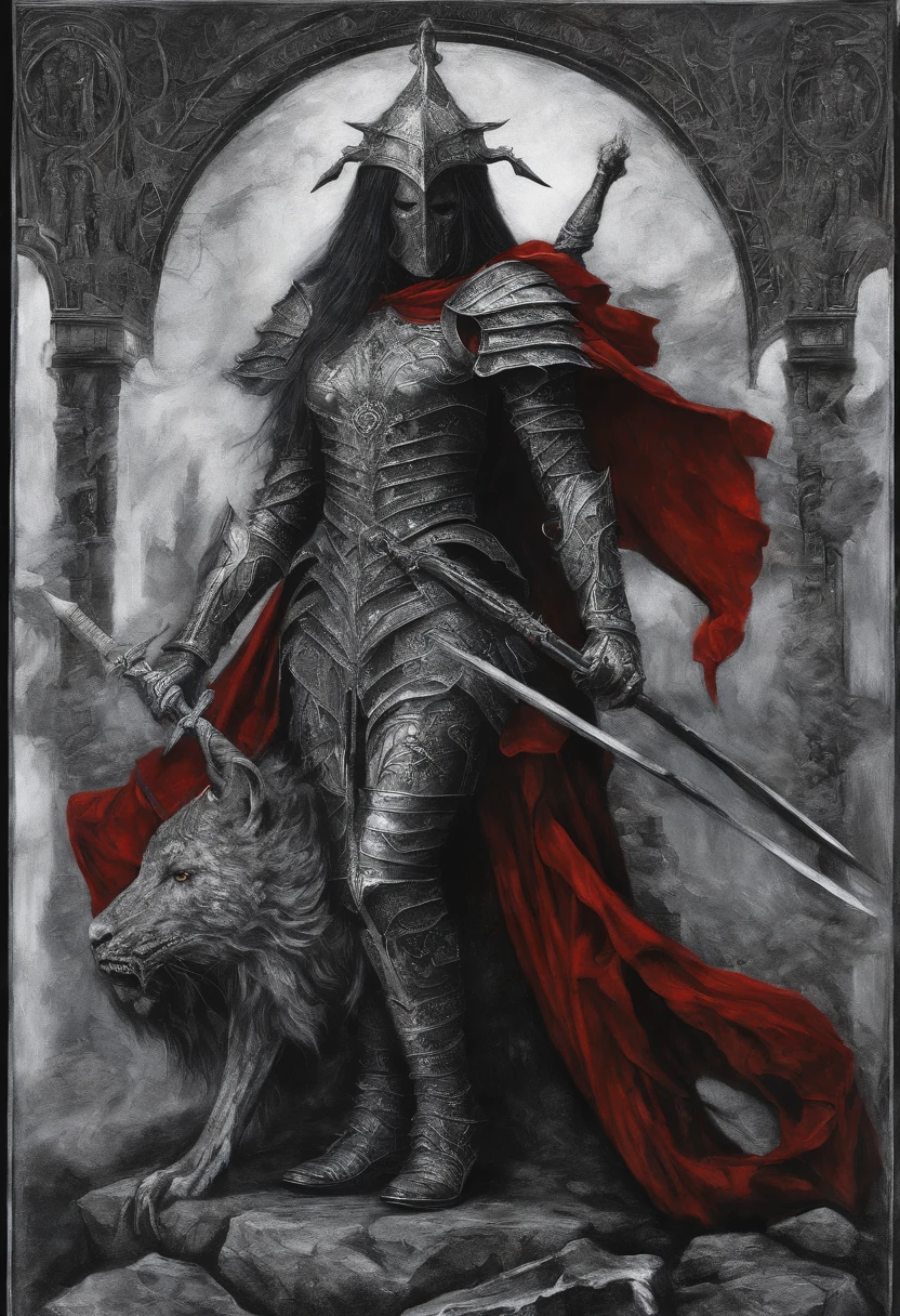 sacred warrior, front, kneeling, full silver armor, helmet with three horns, sword in his right hand and shield in his right hand, red cape fluttering in the wind, in the background a stone statue of a woman in a dress, long hair and open arms .