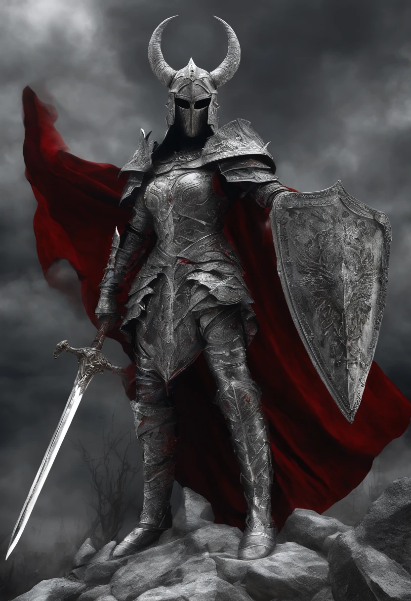 sacred warrior, front, kneeling, full silver armor, helmet with three horns, sword in his right hand and shield in his right hand, red cape fluttering in the wind, in the background a stone statue of a woman in a dress, long hair and open arms .