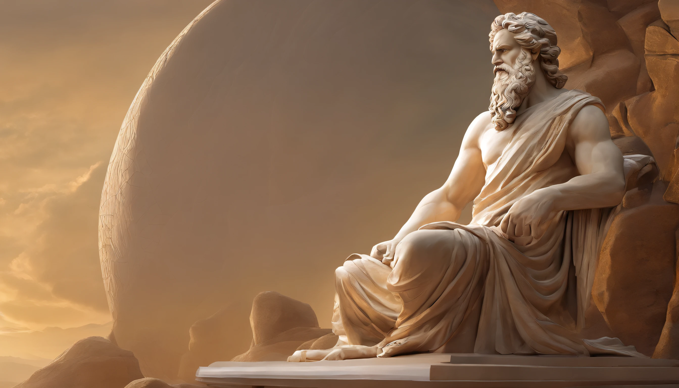 Please create an image of a statue of a muscular Greek philosopher, sitting in a contemplative and pensive pose, with the image background black. The statue must portray the philosopher in a serene and introspective posture, with well-defined muscles and the face expressing depth of thought. Ensure that the sculpture stands out clearly against the dark background, creating a striking contrast that emphasizes the figure of the Greek philosopher. the most realistic possible with the highest image quality available, 8k.