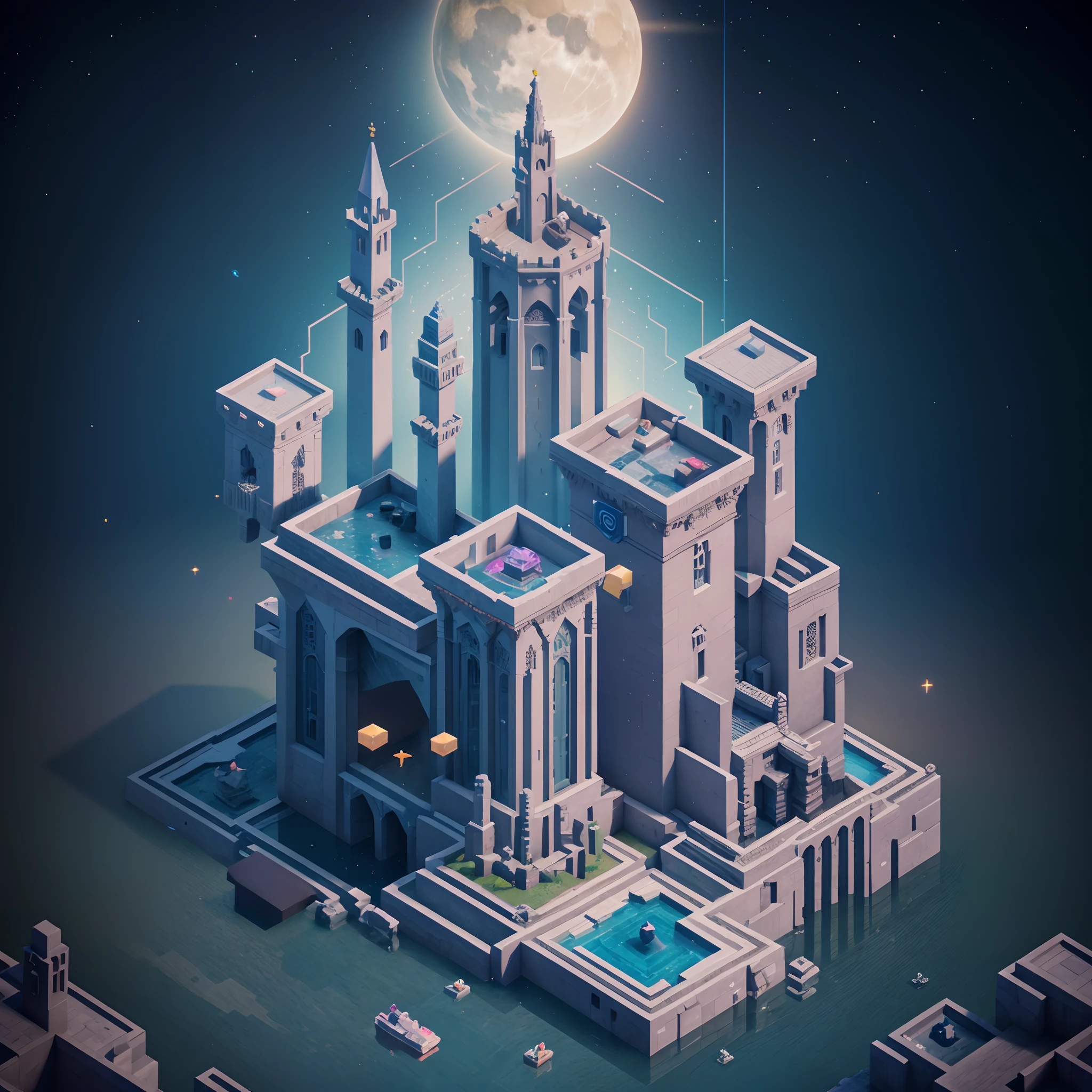 The White Raven Princess searches for the lost artificial intelligence of the ancient crow in a mysterious space,Mystic Space is a futuristic castle in the medieval style,There are a lot of stairs and mechanisms inside,Intricate staircase,Sparkling treasure,A castle made of building blocks,Pink space,Dreamy colors,absurderes,It's ridiculous,ultra-realistic realism,tmasterpiece,high qulity,UHD resolution,16k,realisticlying,Very realistic,Epic fairy tale fantasy,Epic futuristic fantasy,Epic surrealism,Monument Valley style, isometric game art, detailed game art illustration, Isometric art, isometric 2 d game art, Neon ancient ruins, incredible isometric screenshot, Art Station Geometry, Detailed game art, isometric voxel art, beeple daily art, 4K detailed digital art