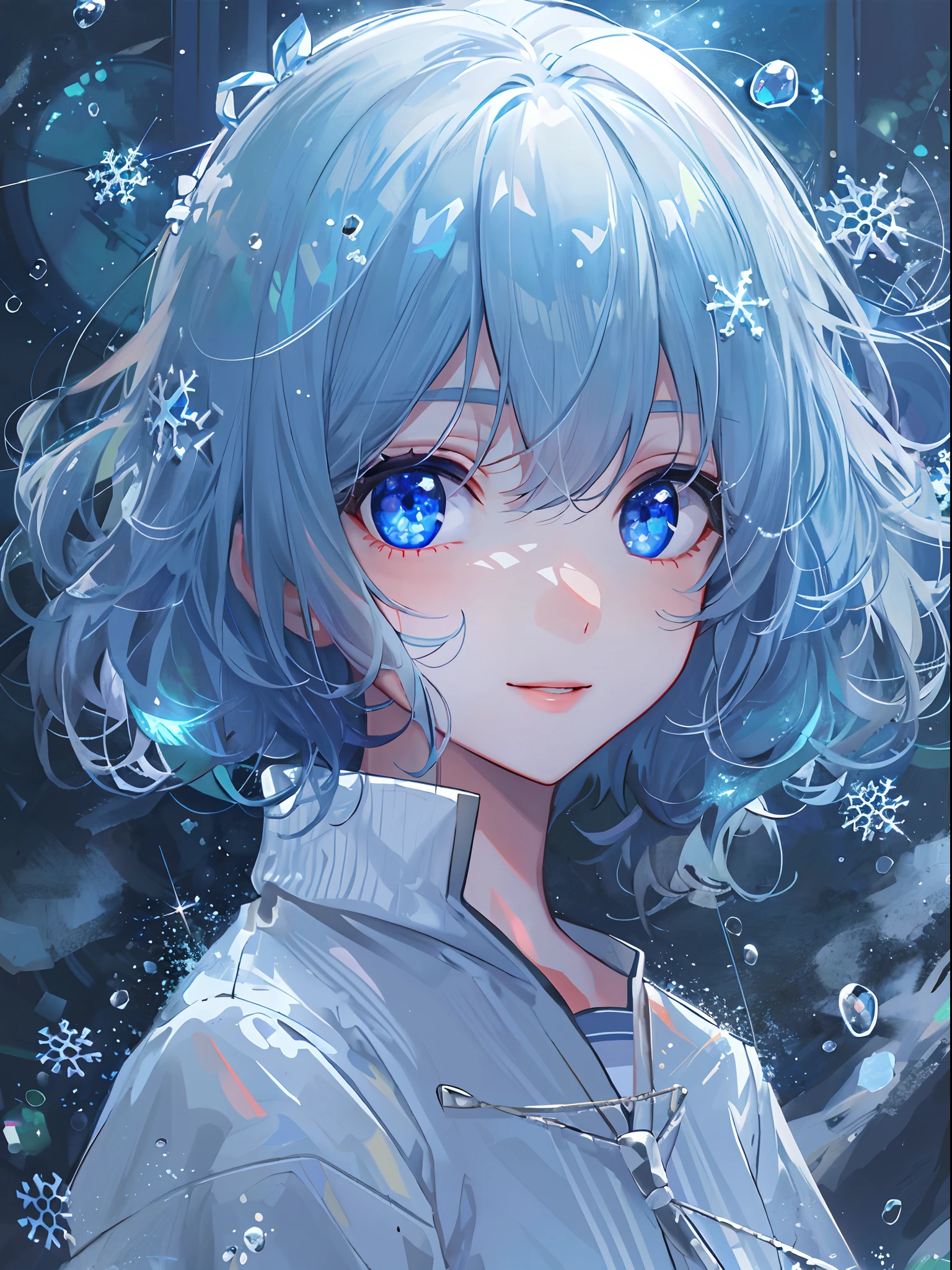 ((top-quality)), ((masterpiece)), ((ultra-detailliert)), (Extremely delicate and beautiful), girl with, 独奏, cold attitude,((Black jacket)),She is very(relax)with the(Settled down)Looks,A dark-haired, depth of fields,Evil smile,Bubble, under the water, Air bubble,bright light blue eyes,inner color with bright gray hair and light blue tips,,,,,,Cold background,Bob Hair - Linear Art, shortpants、knee high socks、White uniform like school uniform、Light blue ribbon ties、Clothes are sheer、Hands in pockets、Bright eyes like sapphire,Fronllesse Blue, A small blue light was floating、Upper Eyes、glass shards、Snowflake patterned eyes、Fantastic eyes、
