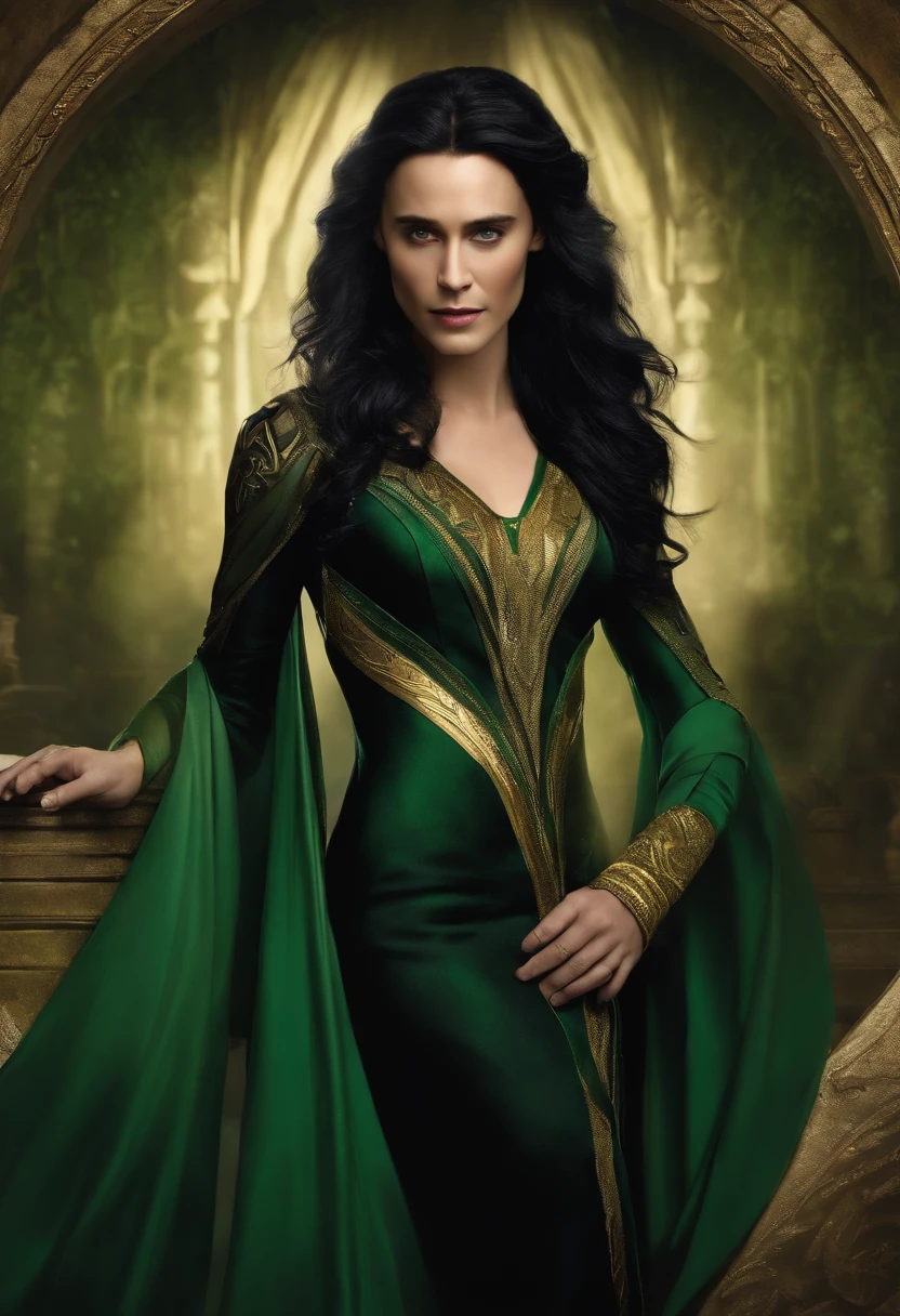 Loki in a beautiful black and green dress with gold trim and long flowing black hair