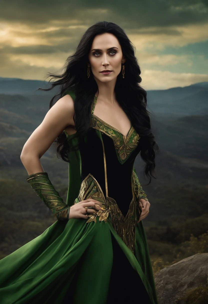 Loki in a beautiful black and green dress with gold trim and long flowing black hair
