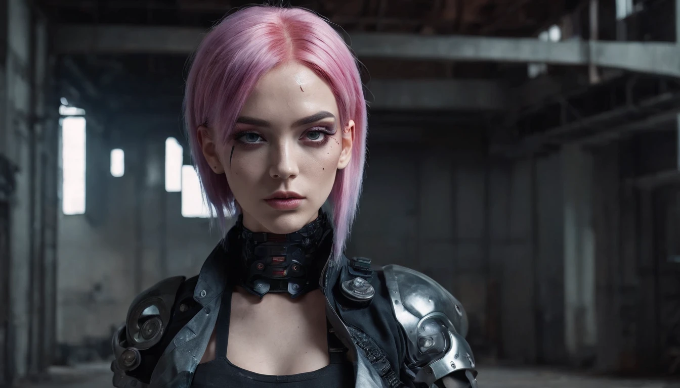 cyborg woman with colored hair posing for a photo in the inside of an abandoned factory, cyberpunk aesthetic, cyborg woman, dark techno aesthetic, industrial goth aesthetic, intern of an abandoned factory in the background, ultra detailed, photorealistic, masterpiece.