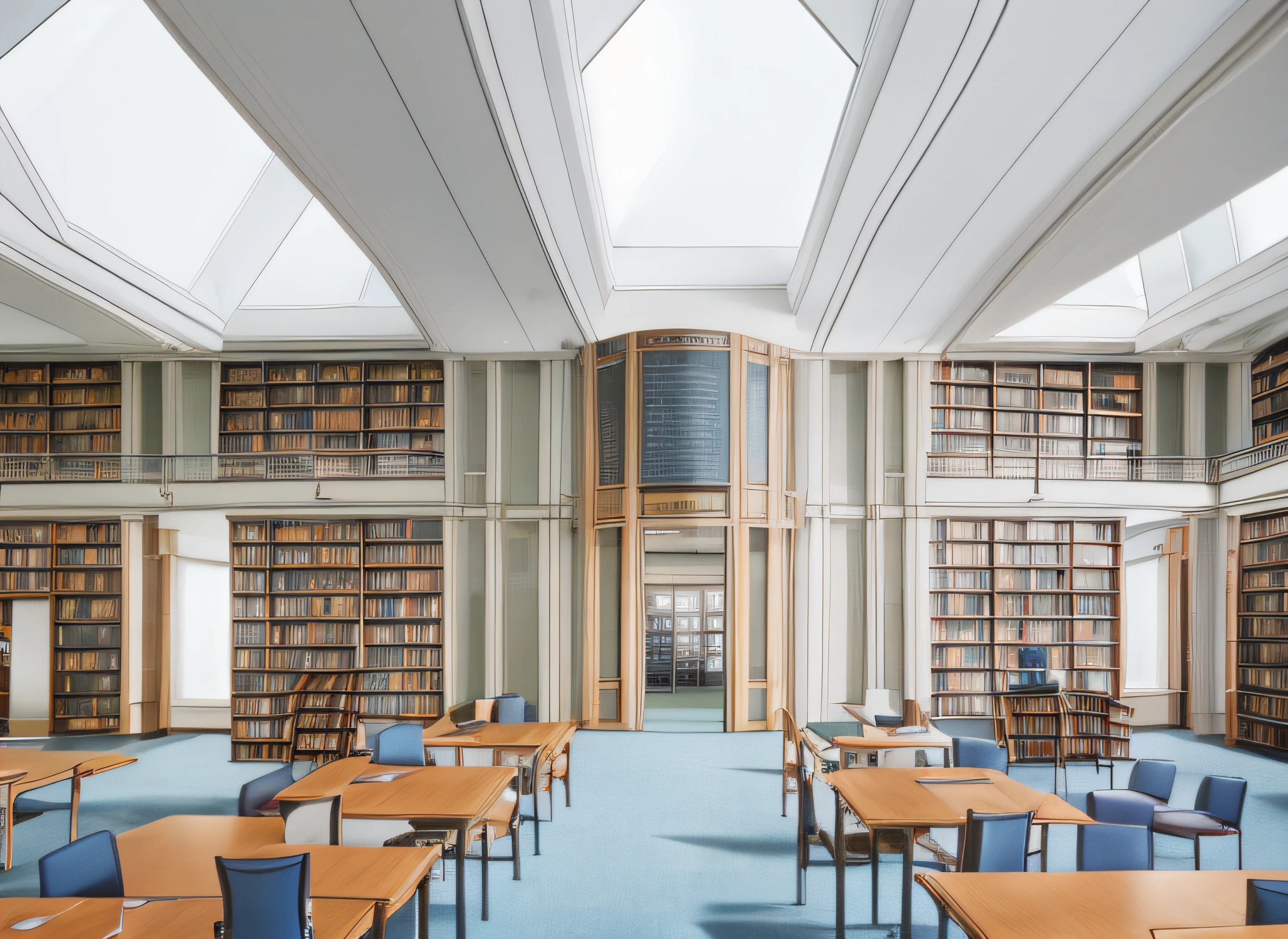 there are many tables and chairs in the library with a skylight, interior of a library, inside a library, vast library, library, interior, library interior background, crisp smooth clean lines, natural lighting, uplit, central shot, “wide shot, high res photo, grand library, hi-res, hi - res, infinite library, in a library