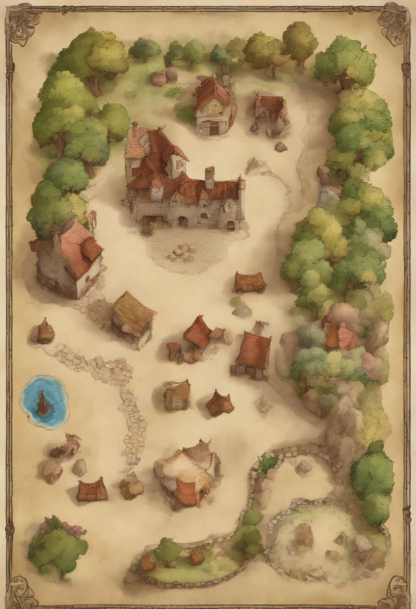 Tiro de cima para baixo de um drone, mapa de batalha vilarejo pequeno, casas humildes, lojas de armas, taverna, igreja, Square in the center, bem iluminada, Dungeons and Dragons, Final Fantasy, arte do jogo, (arquitetura e interiores coerentes, with realistic proportions and textures, detalhes intrincados, Hand drawn, vibrante, Cinematic lighting, master part, 8k)