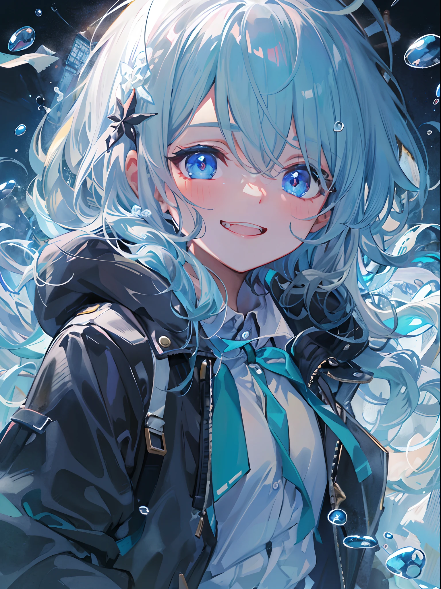 ((top-quality)), ((​masterpiece)), ((ultra-detailliert)), (Extremely delicate and beautiful), girl with, 独奏, cold attitude,((Black jacket)),She is very(relax)with  the(Settled down)Looks,A dark-haired, depth of fields,Evil smile,Bubble, under the water, Air bubble,bright light blue eyes,inner color with bright gray hair and light blue tips,,,,,,Cold background,Bob Hair - Linear Art, shortpants、knee high socks、White uniform like school uniform、Light blue ribbon ties、Clothes are sheer、Hands in pockets、Bright eyes like sapphire,Fronllesse Blue, A small blue light was floating、Upper Eyes、glass shards、Snowflake patterned eyes、Fantastic eyes