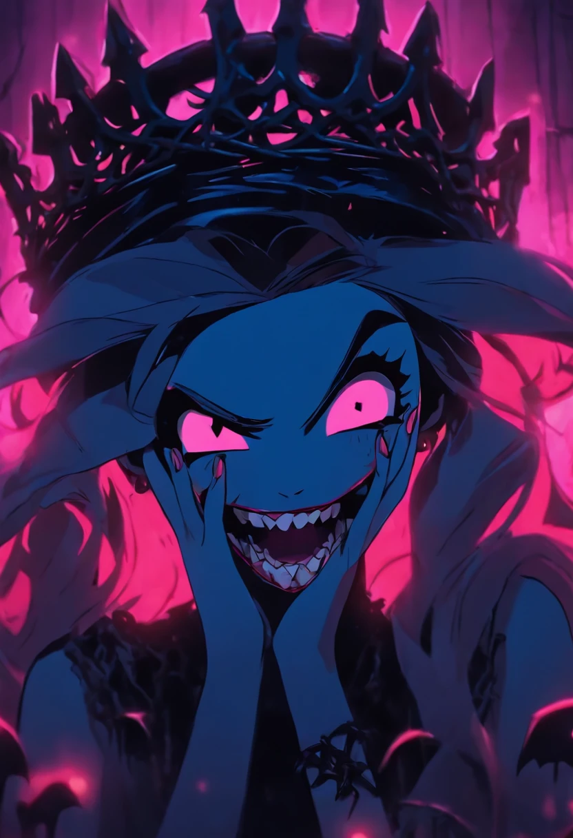a close up of a gothic psycho obsessed vampire girl with fangs smiling like a psycho with a Black modern dress with her hands on her face, with a crown of thorns, Barbie aesthetic, anime style, Dull colors Ghibli scene Ghibli background, retro 90s anime aesthetic