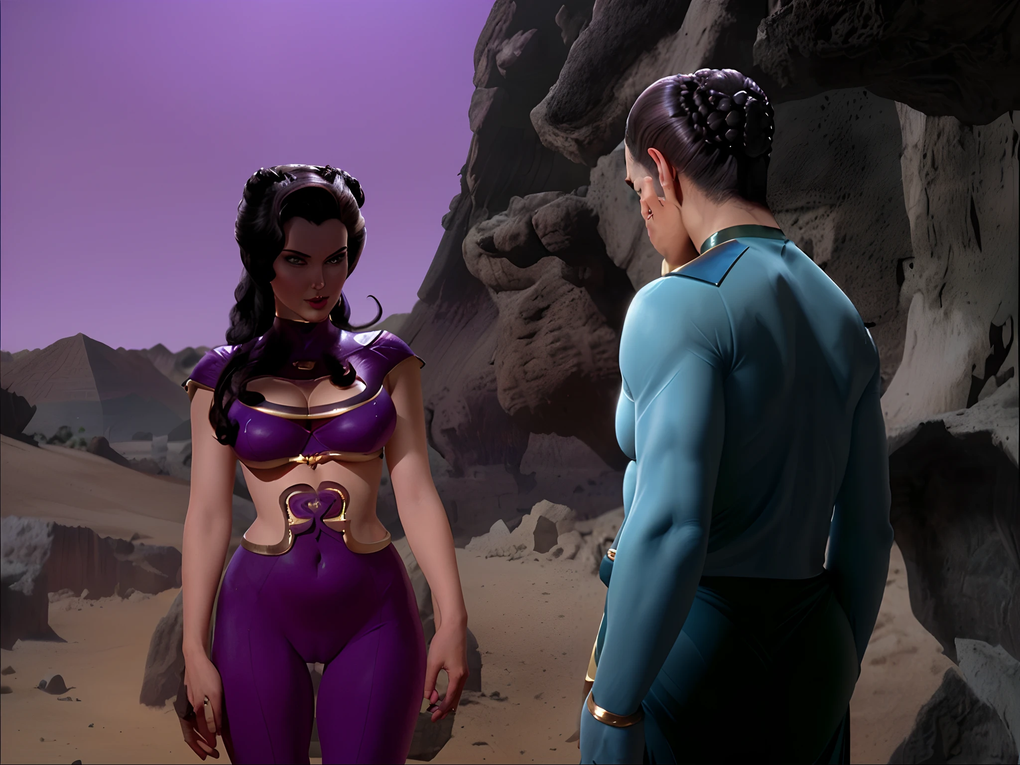 (Young Lee Meriwether), (Young seductive sultry Lee Meriwether), as Star Trek character Losira, as Star Trek Original Series character Losira, diabolical & temptuous, pale skin, dark hair, lithe bodacious curvaceous body, (elaborately coiffed ancient egyptian-style hair with large side rolls, wearing purple genie bikini outfit), obvious camel toe, obvious underboobs, in star trek the original series, (4K, 8K, extremely-high resolution), cinematic, hyper-detailed, hyper-sharp, hyper-realistic, symmetrical, "100% anatomically correct", octane render