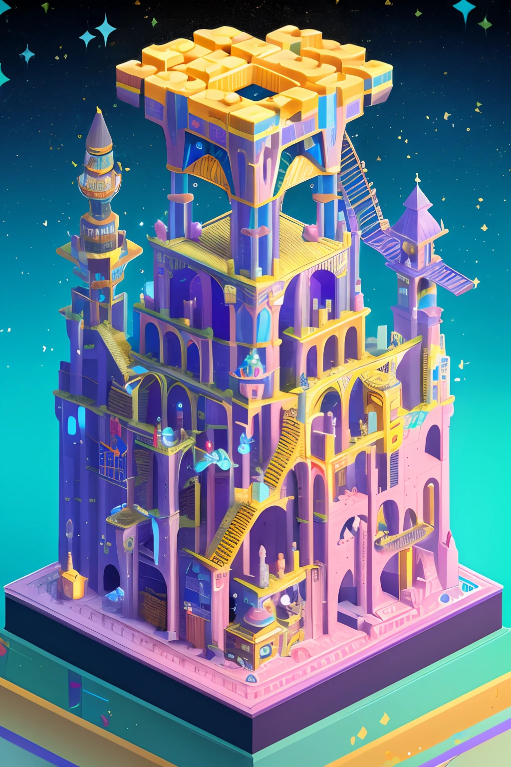 surrealism, stereograms, Atmospheric perspective, Super detail, ccurate, Best quality, hyper HD, Masterpiece, Anatomically correct, 16k, A high resolution，Pink space，1Blittle girl，In Monument Valley，Labyrinth of magical castles，A castle built from blocks，Intricate staircase, girl looking for lost treasure，Geometric space，Unordered regular three-dimensional pattern，Ancient totem poles，Tall monument，Intricate staircase,Space for the rainbow，fantasticcolors，Fairy treasure hunt fantasy，Mysterious treasure，Sparkling treasure，Awesome digital painting（Cybernetic telephone）， art  stations， A detailed， 复杂， Mattire， number art， k hd， 8K， big breasts beautiful， high qulity，cyborg people，Movies 8K