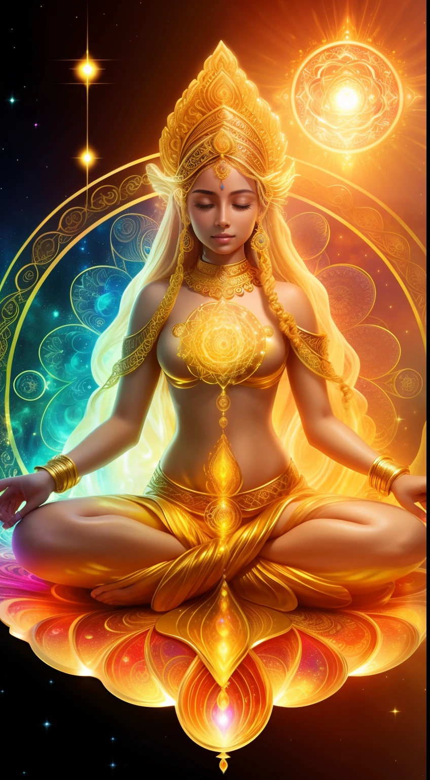 Astral Vibration Wave Goddess of Spiritual Light. Dressed in liquid gold. Dreamy sparkling gemstones. with faintly visible. Liquid texture burner. Liquid coatings. (Quantum amulet mandala regenerates healthy life well) Stunning colors and minimal elaboration of every detail. Perfect quality. Soft light