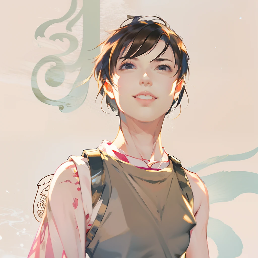 Ink painting,One cool boy,White tank top,Face Focus,Big Tits,NFSW,鎖骨,Brown Short Hair,Cute shin eyes,small nose,Light pink lip,Best Quality, masutepiece, Flat Avatar,(colourfull、vivd colour: 1.4), Japan people's smiles,Spotlight,Flat Avatar,simple background,