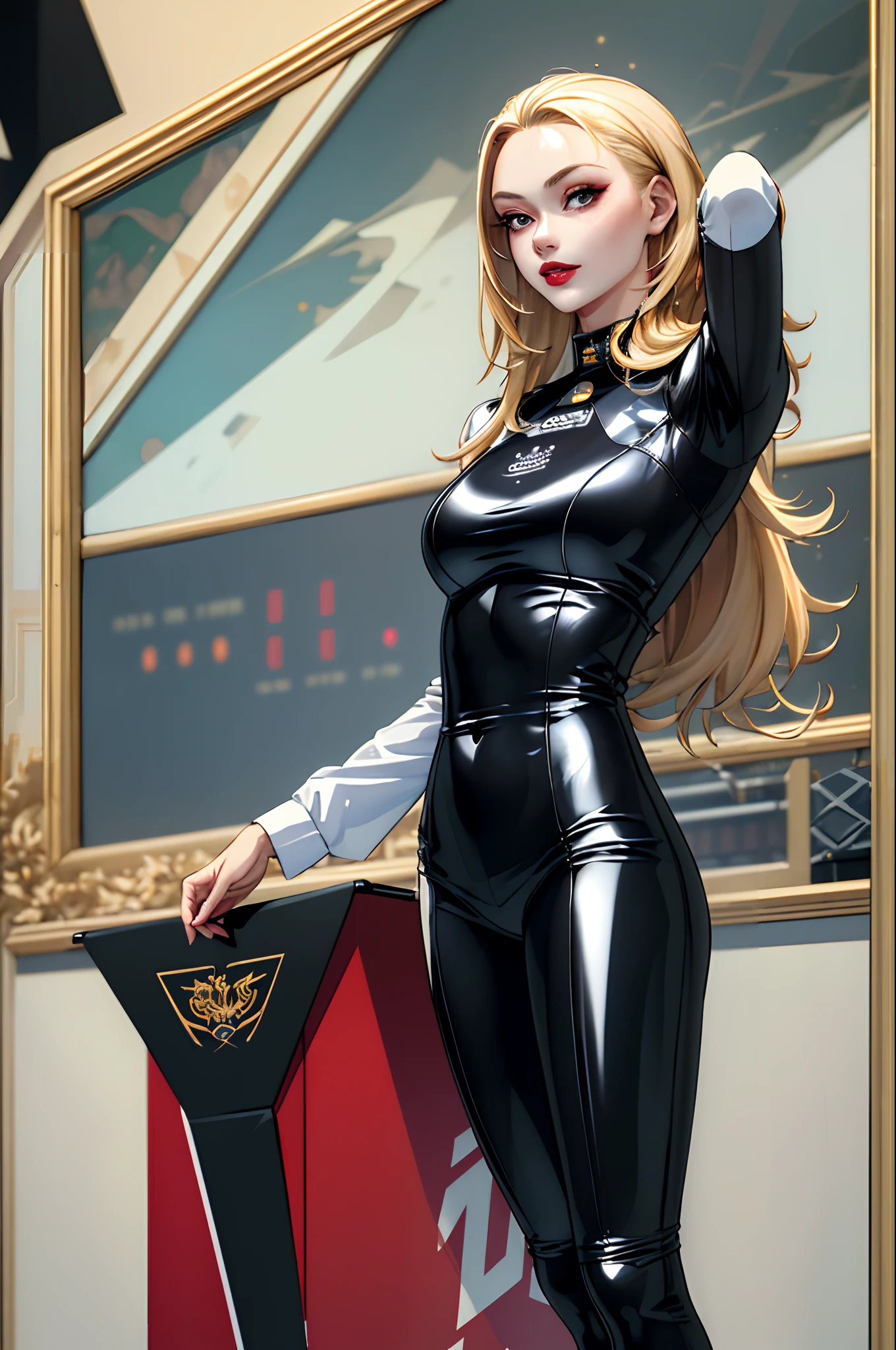 (masterpiece:1.4)、(top-quality:1.4)、
1girl in, Bewitching Grid Girl, Blonde long hair, looking at the viewers, 独奏 ,realisitic,(shinny skin),(masterpiece:1.4),(top-quality:1.4),red-lips,racing venue