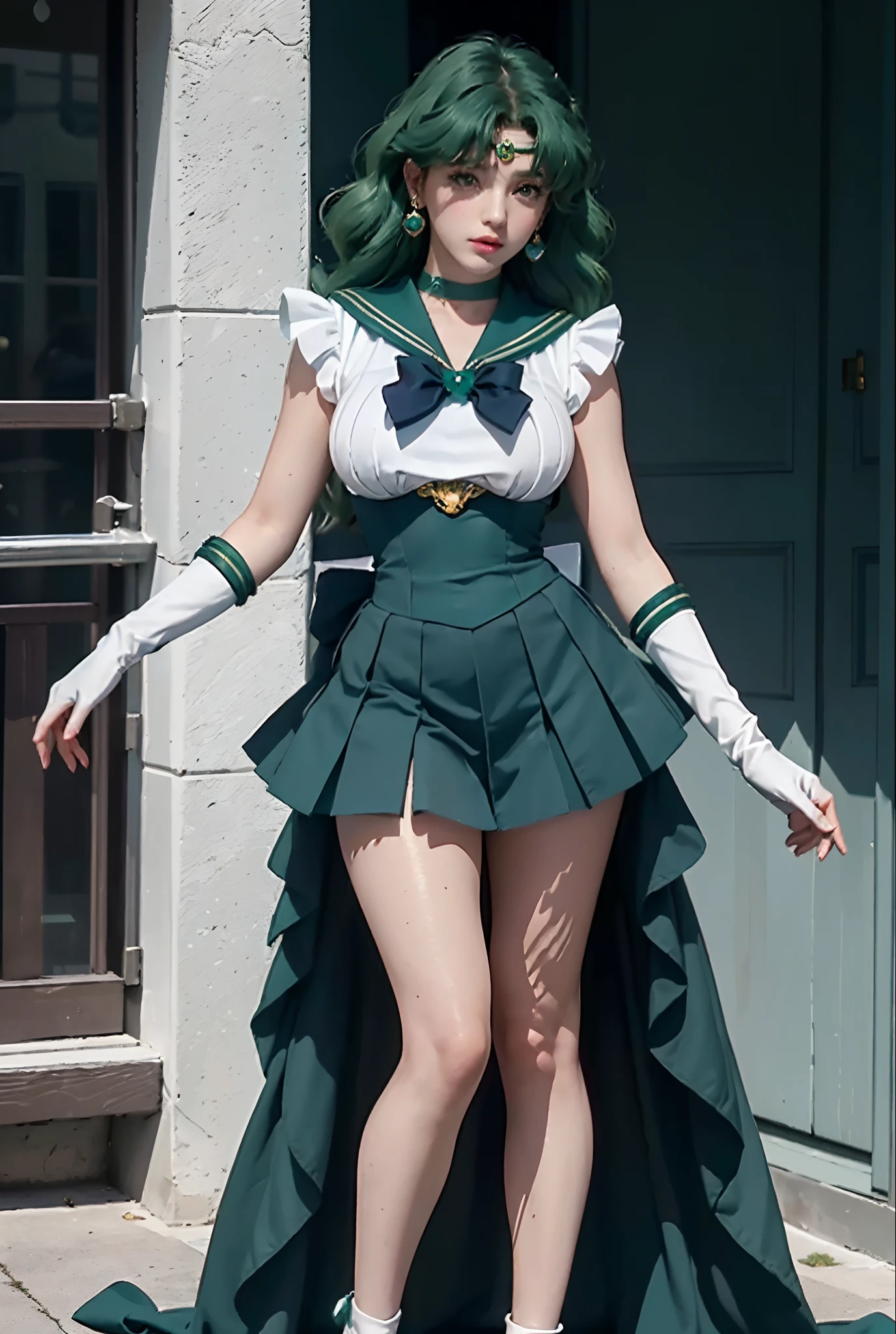 close-up, 1girl, sailor neptune, (sailor senshi uniform:1.2), (aqua eyes:0.9), dark green hair, medium hair, plead skirt, best quality, earrings, masterpiece, high resolution, intricate details, (( realistic )), photographic, (white elbow gloves:1.1), jewelry, Medium breast, full body, Dynamic background, dynamic posture, high heels,