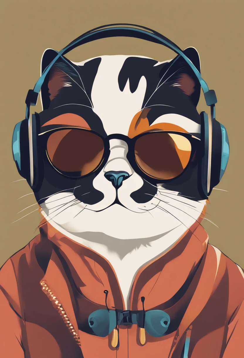 Perfect centering, a cute little cat, Wear a jacket, Wearing sunglasses, Wearing headphones, cheerfulness, Standing position, Abstract beauty, Centered, Looking at the camera, Facing the camera, Approaching perfection, Dynamic, Highly detailed, Smooth, Sharp Focus, 8K
