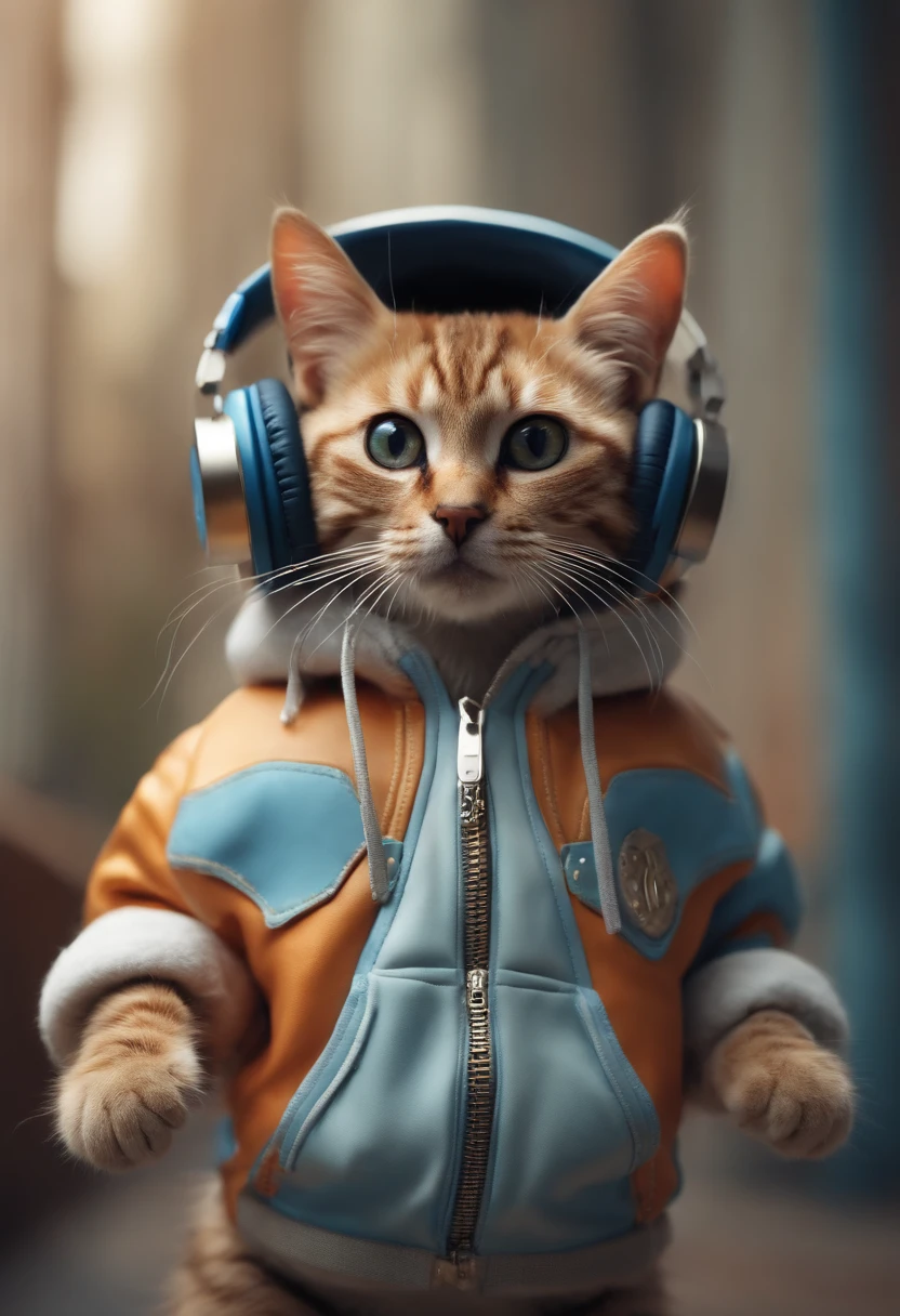 Perfect centering, a cute little cat, Wear a jacket, Wearing sunglasses, Wearing headphones, cheerfulness, Standing position, Abstract beauty, Centered, Looking at the camera, Facing the camera, Approaching perfection, Dynamic, Highly detailed, Smooth, Sharp Focus, 8K