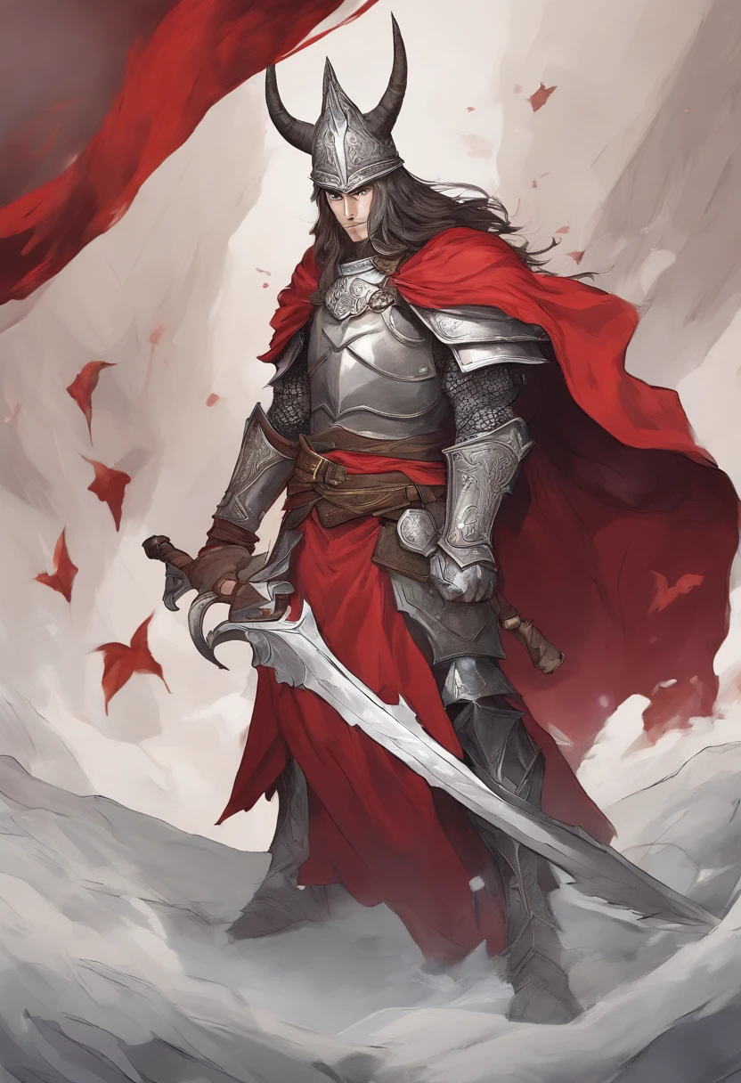 sacred warrior male, front, kneeling, full silver armor, helmet with three horns, sword in his right hand and shield in his right hand, red cape fluttering in the wind, in the background a stone statue of a woman in a dress, long hair and open arms .