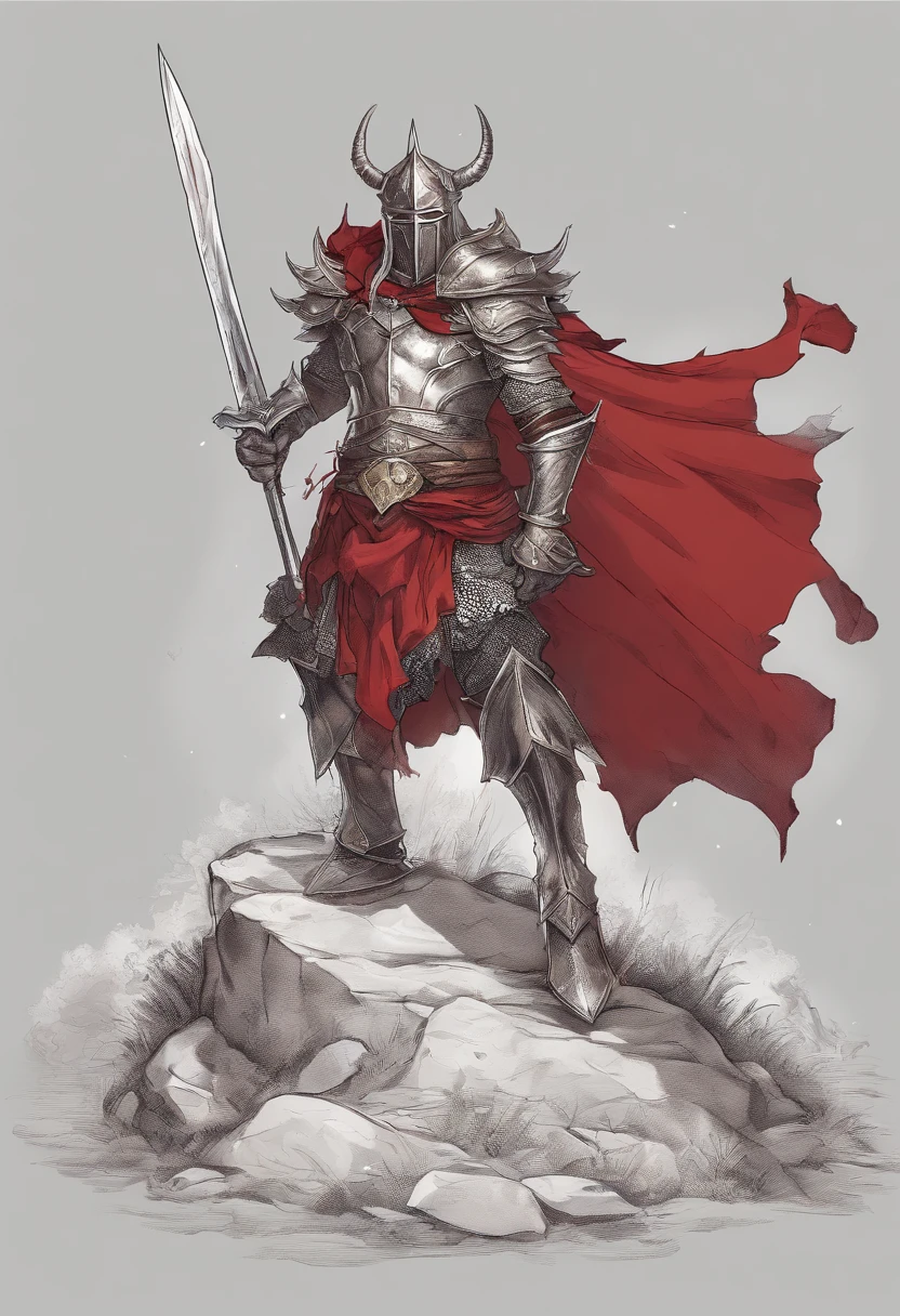 sacred warrior male, front, kneeling, full silver armor, helmet with three horns, sword in his right hand and shield in his right hand, red cape fluttering in the wind, in the background a stone statue of a woman in a dress, long hair and open arms .