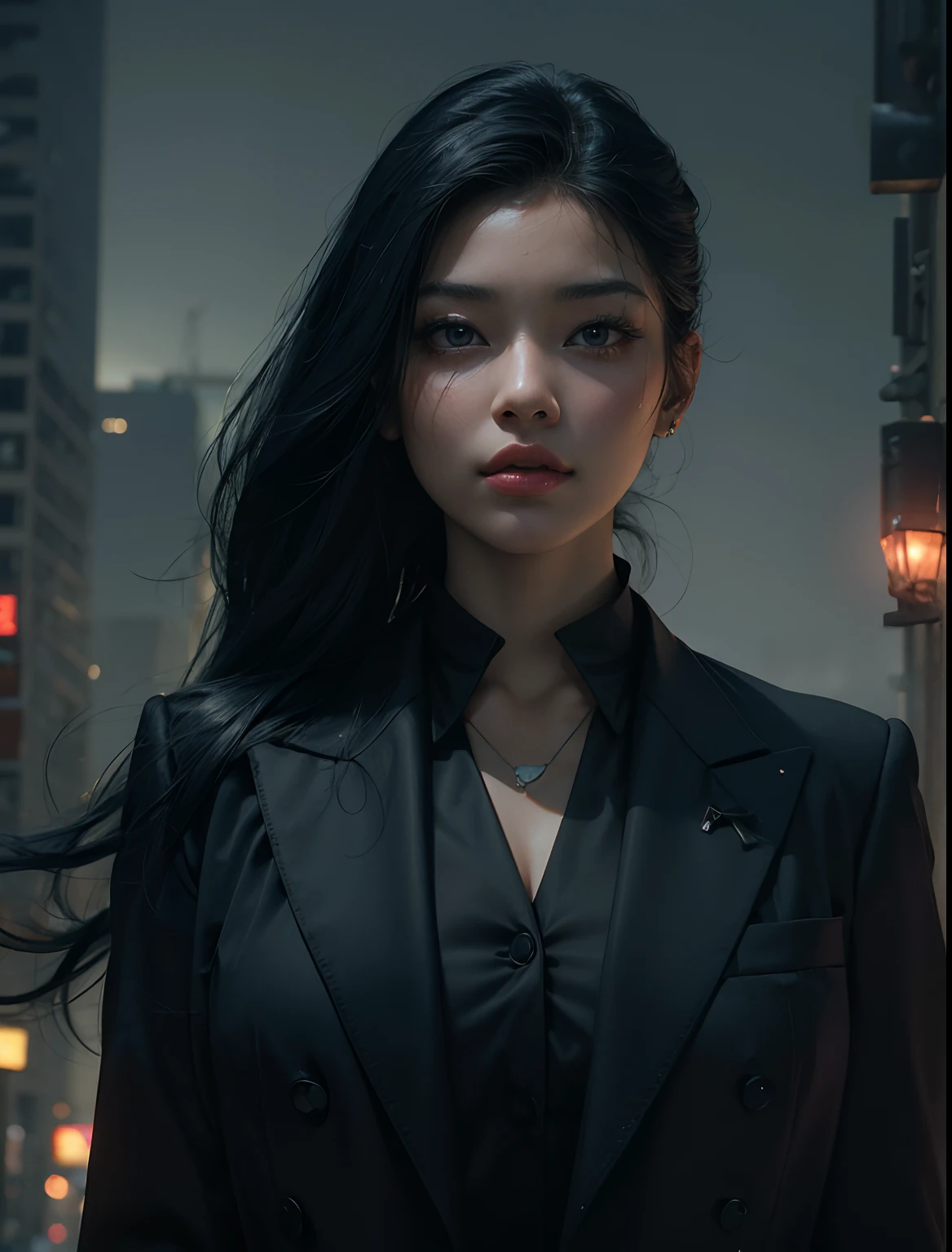 One Beautiful Woman。Detailed depiction of the face。Beautiful double eyes。High nose bridge。well-formed and well-shaped lips。de pele branca。She is wearing a black business suit。She stands in an uninhabited city at night。There is an eerie fog around。Masterpiece。８K image quality。