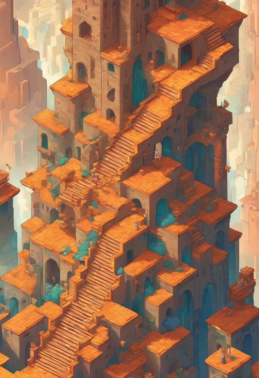 （Stairs after an earthquake：1.3），monument valley，monument valley，Geometric Ida tears up the crow，stairs from hell to heaven, Isometric art, small steps leading down, Inspired by M. c. Escher, Inspired by M.c. Escher, isometric game, Inspired by MC Escher, Step onto the tower, stairways