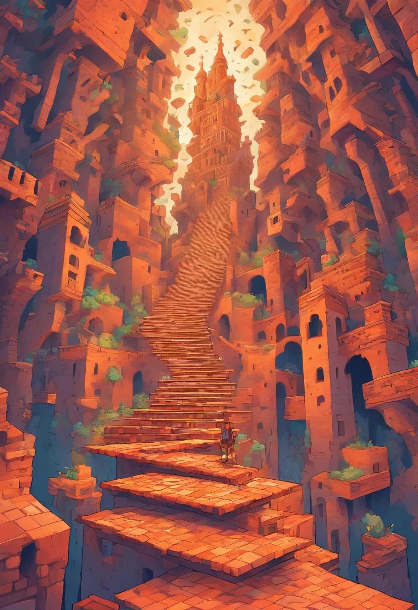 (Stairs after an earthquake:1.3),monument valley,monument valley,Geometric Ida tears up the crow,stairs from hell to heaven, Isometric art, small steps leading down, Inspired by M. c. Escher, Inspired by M.c. Escher, isometric game, Inspired by MC Escher, Step onto the tower, stairways