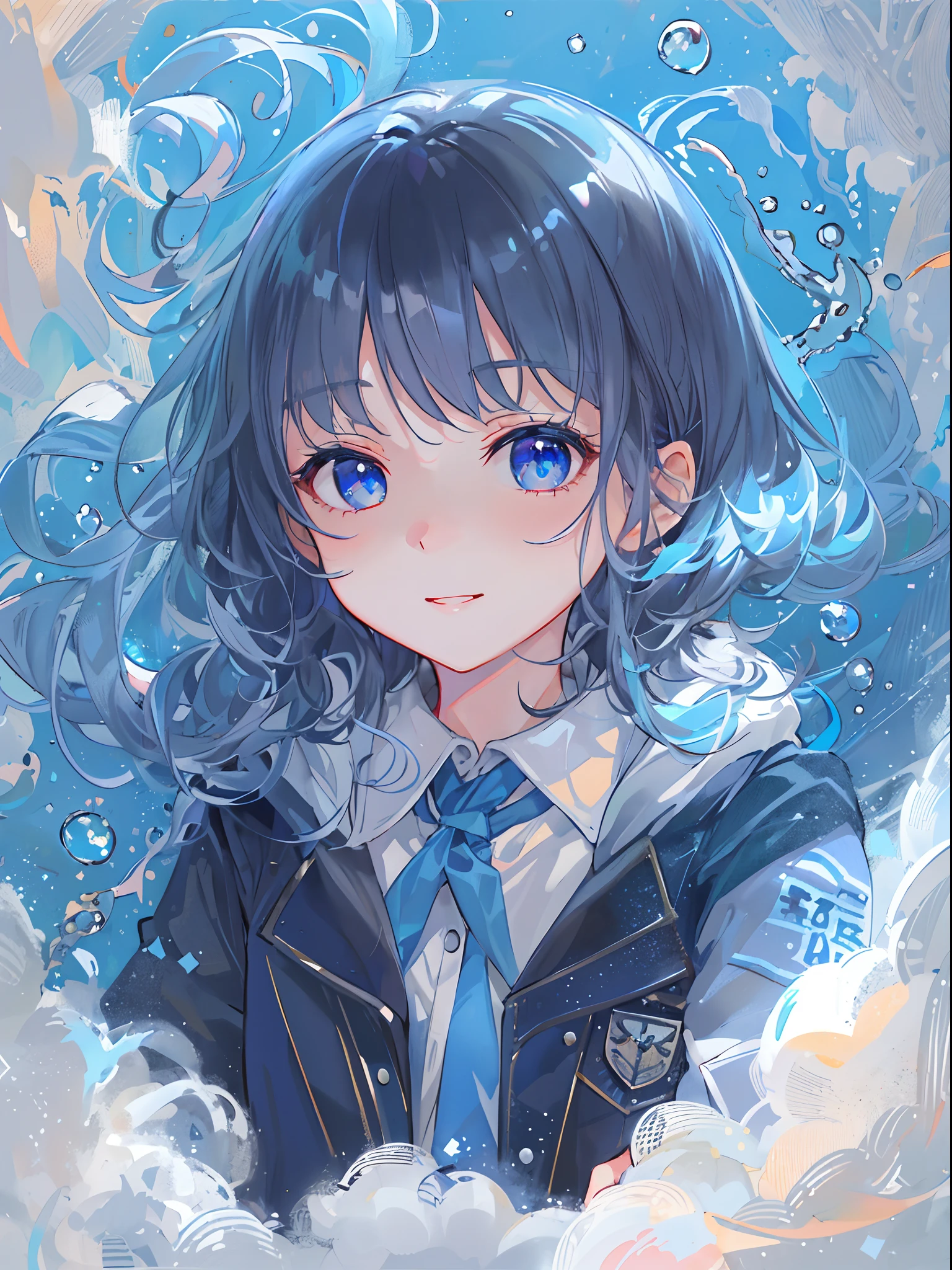 ((top-quality)), ((masterpiece)), ((ultra-detailliert)), (Extremely delicate and beautiful), girl with, 独奏, cold attitude,((Black jacket)),She is very(relax)with the(Settled down)Looks,A dark-haired, depth of fields,Evil smile,Bubble, under the water, Air bubble,bright light blue eyes,inner color with bright gray hair and light blue tips,,Cold background,Bob Hair - Linear Art, shortpants、knee high socks、White uniform like school uniform、Light blue ribbon ties、Clothes are sheer、Hands in pockets、Bright eyes like sapphire,Fron Lesse Blue, A small blue light was floating、Upper Eyes、