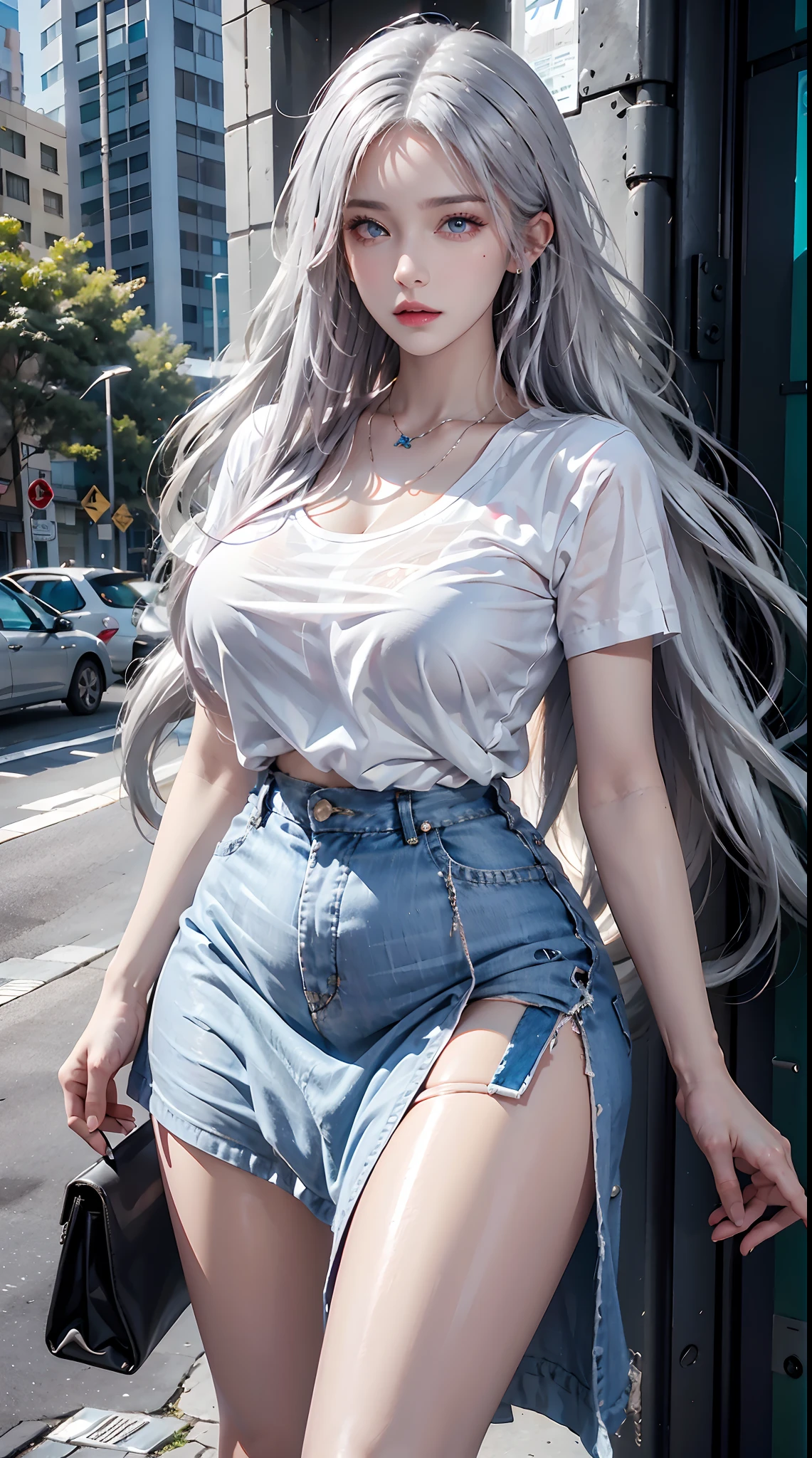 photorealistic, high resolution, 1women, shining skin, solo, tattoo, jewelry, pink lips, long silver hair, blue eyes, closed mouth, street wear, t-shirt, skirt, thick thighs, hips up