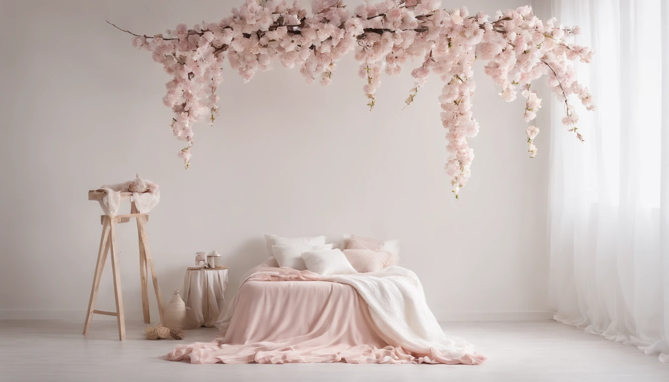 There is a bed with a blanket in front of a wall with flowers, Foto de natureza morta de um pano de fundo, cozy studio photography, atmosfera sonhadora e drama, floral painted backdrop, bed of flowers on floor, fundo floral sonhador, ethereal and dreamy theme, pastel-hued, dreamy and ethereal, flowing sakura-colored silk, Seda Sakura Fluindo, beautiful studio soft light
