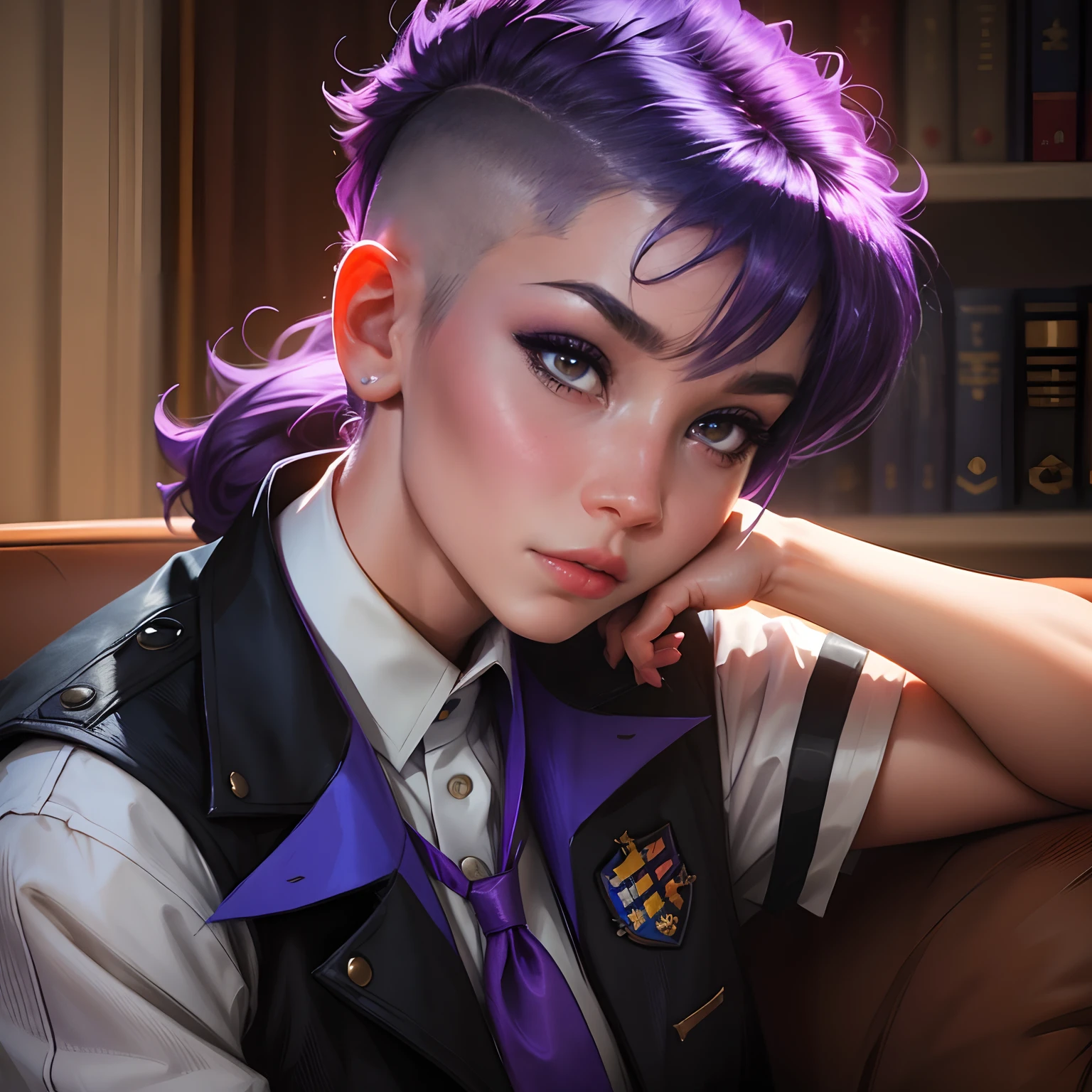 a lesbian teenager with purple hair shaved on the side  , wearing a stylish royal blue school uniform, HD portrait