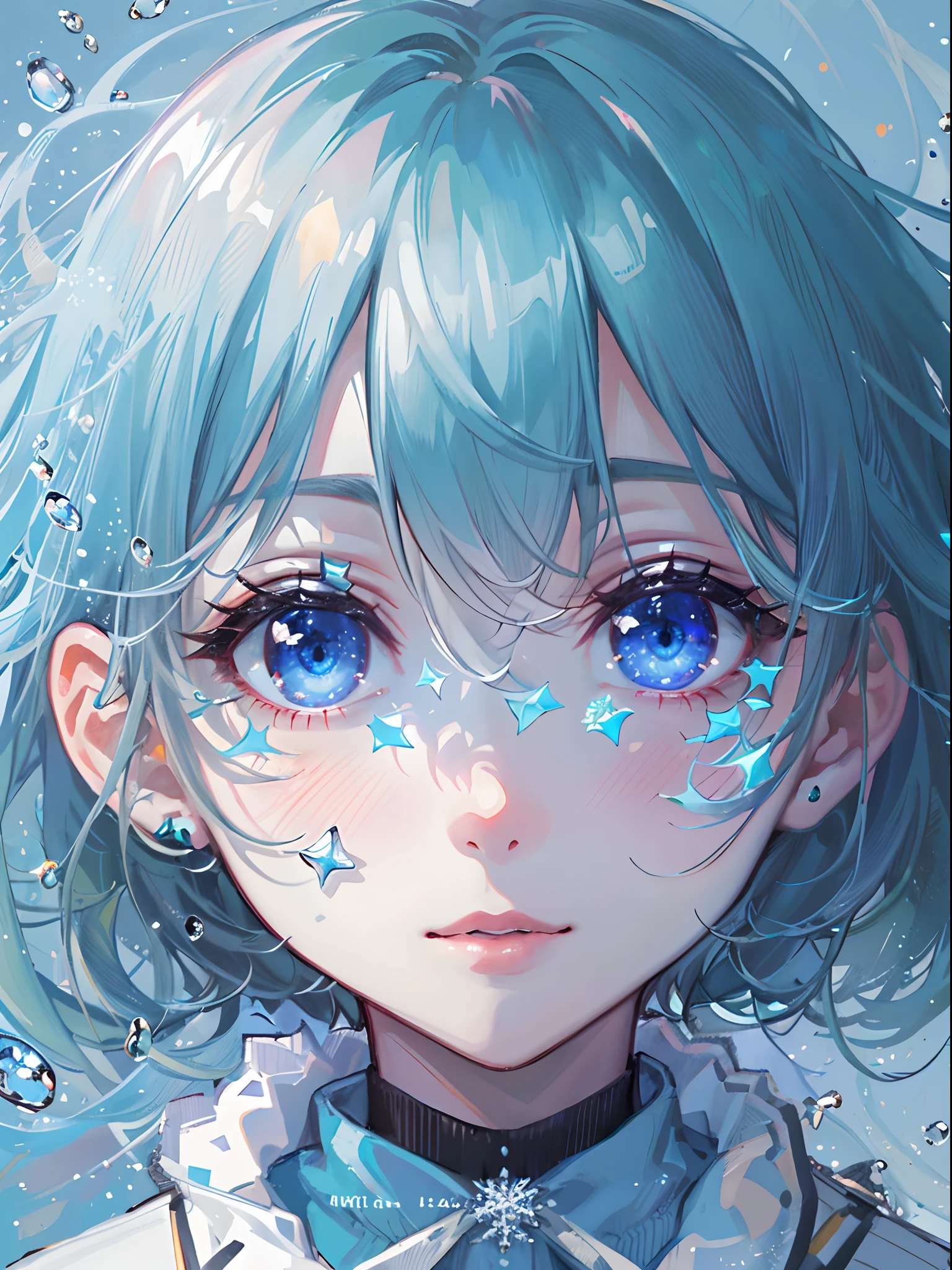 ((top-quality)), ((masterpiece)), ((ultra-detailliert)), (Extremely delicate and beautiful), girl with, 独奏, cold attitude,((Black jacket)),She is very(relax)with the(Settled down)Looks,A dark-haired, depth of fields,Evil smile,Bubble, under the water, Air bubble,bright light blue eyes,inner color with bright gray hair and light blue tips,,,,,,,Cold background,Bob Hair - Linear Art, shortpants、knee high socks、White uniform like school uniform、Light blue ribbon ties、Clothes are sheer、Hands in pockets、Bright eyes like sapphire,Fronllesse Blue, A small blue light was floating、Upper Eyes、glass shards、Snowflake eyes、fantastic eyes、Halloween、Orange and purple Halloween background