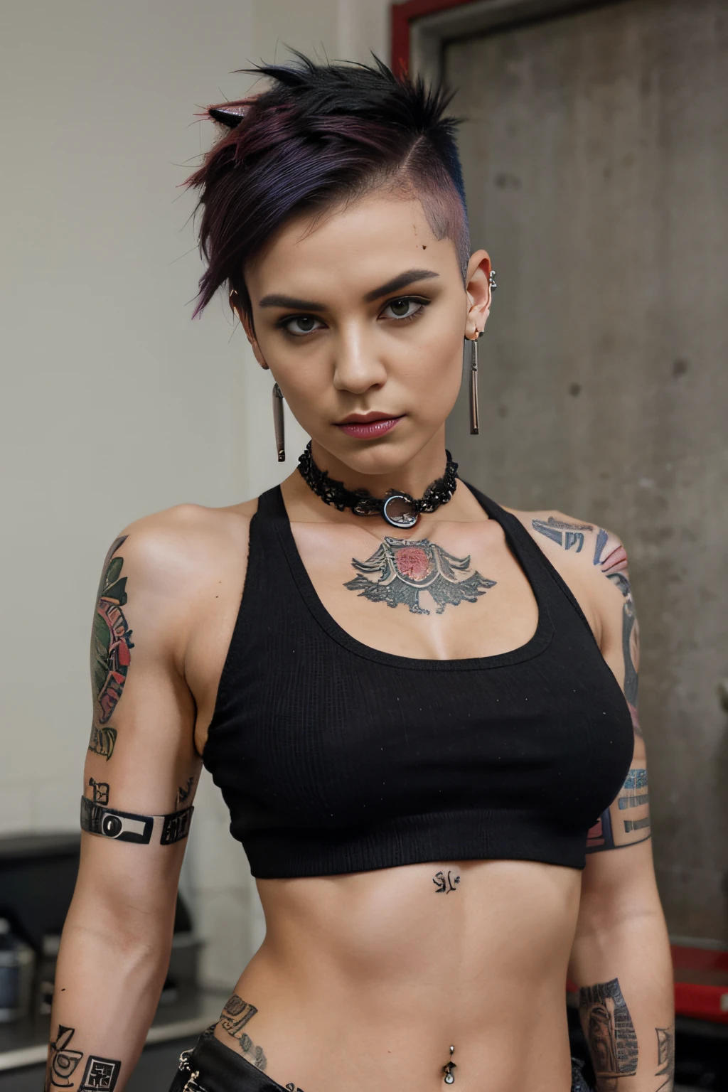 Beautiful punk woman with a coloured Mohawk and shaved underside hairstyle wearing a Union Jack crop top, piercings, tattoos , intense eye contact, face and upper body image