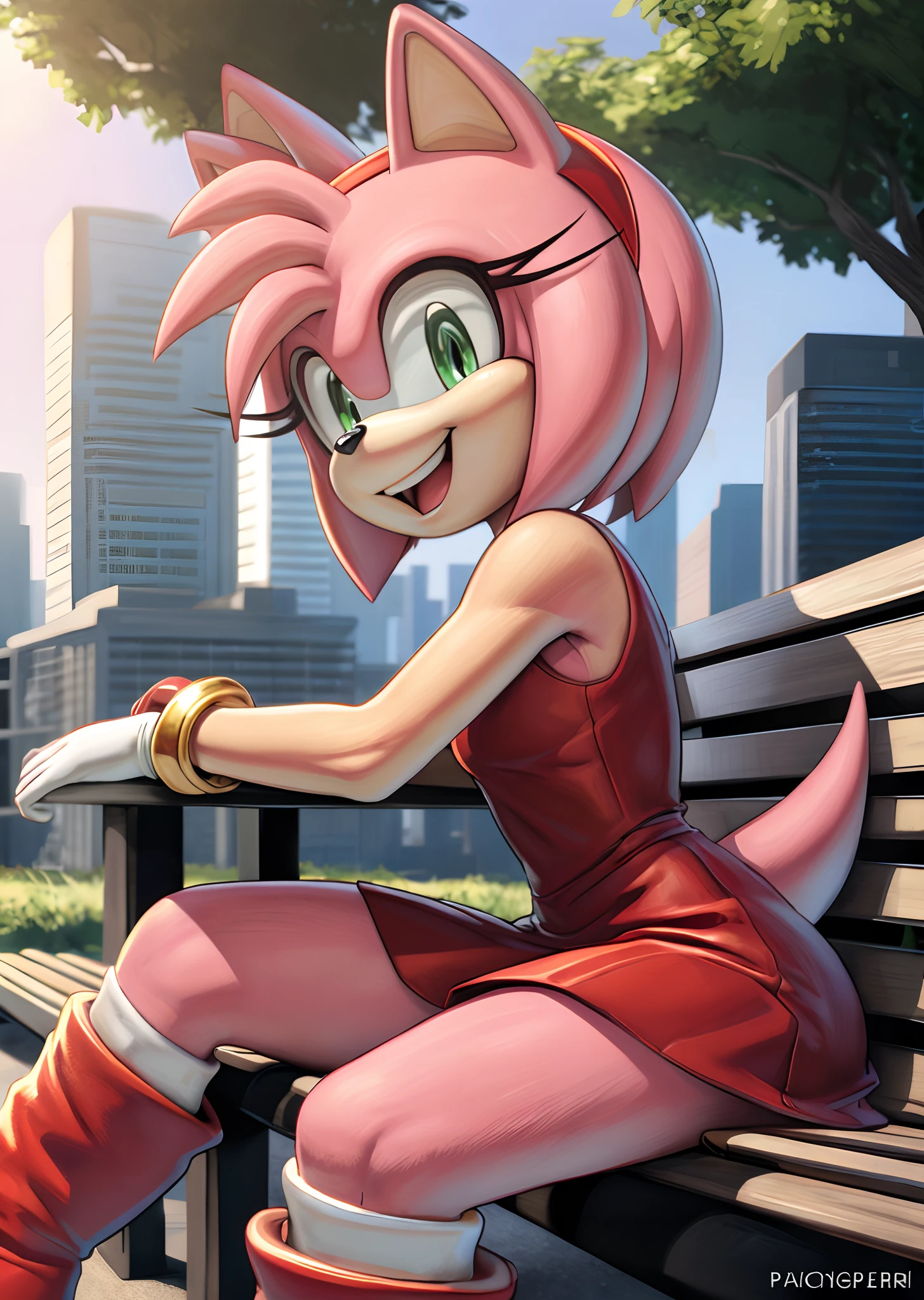 [Amy Rose], [sonic the hedgehog \(series\)], [Uploaded to e621.net; (Pixelsketcher), (wamudraws), (napalm_express)], ((masterpiece)), ((HD)), ((high quality)), ((solo portrait)), ((side view)), ((full body)), ((detailed fur)), ((detailed shading)), ((cel shading)), ((beautiful render art)), ((intricate details)), {anthro, (slim figure), (pink fur), black nose, animal ears, cute green eyes, short hair, headband, short tail, (gorgeous hips), (beautiful legs), (excited smile), (mouth open)}, {(short red dress white lining), (red knee-high boots), (white stripes on boots), (gold wristbands)}, {(sitting on bench), (arms at side), (legs crossed), (looking at viewer)}, [background; (city), (park), (blue sky), (sun rays)]