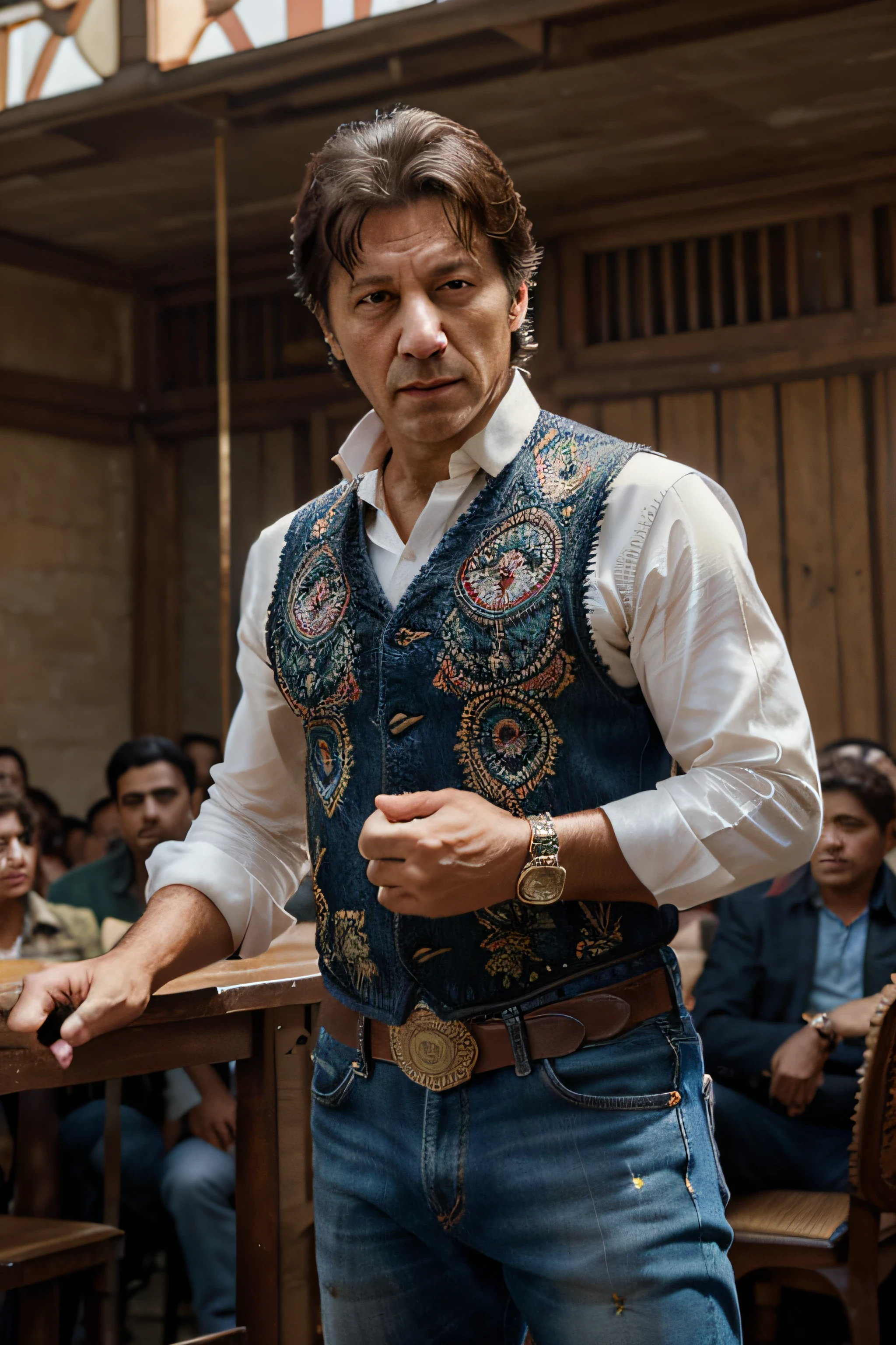 Cinematic portrait of imran khan ex president of pakistan, ((Upper body)), Facing the audience, (reality :1.3), most beautiful artwork photo in the world, imran khan looks at the camera, Vintage denim outfits, Western cowboy, Detailed beautiful face, action shot, (Intricate :1.4), Western background, photograph realistic, In the daytime, CG, art stand