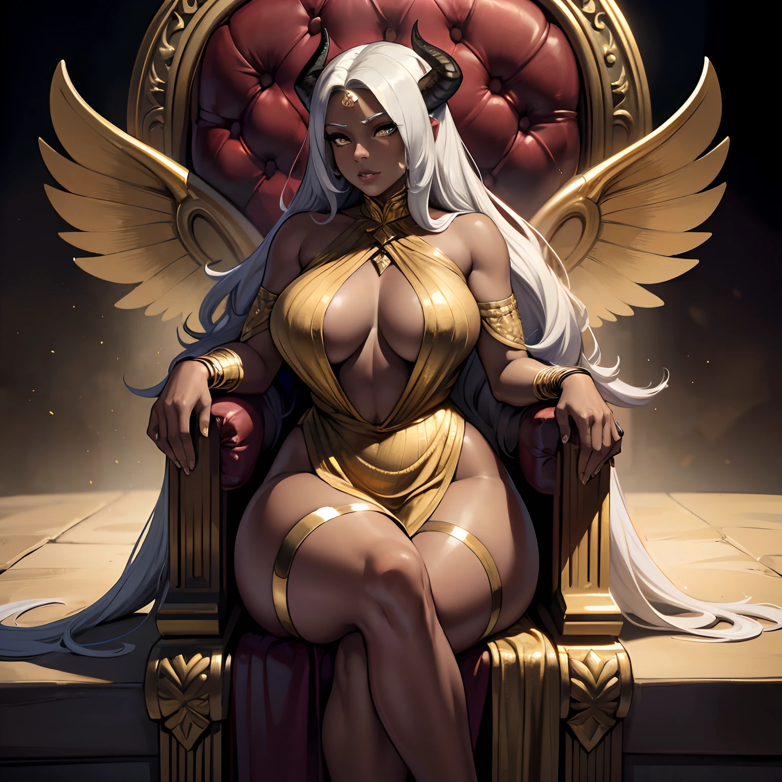 (best quality,4k,8k,highres,masterpiece:1.2), ultra-detailed, (realistic,photorealistic,photo-realistic:1.37), mature ebony-skinned female with long flowing silver hair, wearing a golden  gilded form-fitting skimpy golden dress, curvy, has large black demon wings, has demonic horns, alluring gaze, dark skin tone, ebony skin tone, golden dress, dress made of gold, alone, solo, (ALONE)(SOLO), sitting on throne