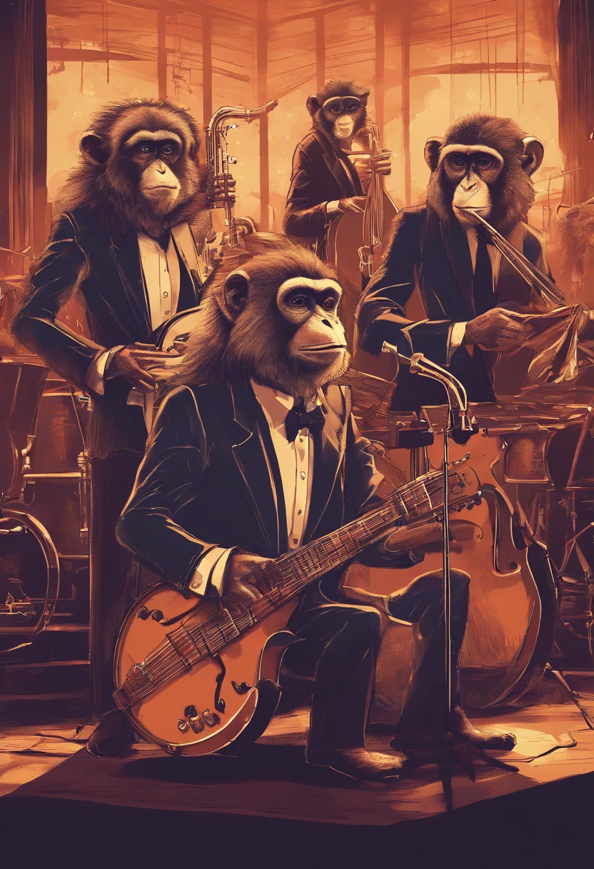 Jazz band of chipanze monkeys, playing in New York club. Smokey. Soft lighting. cinematic style, detailed, 4k