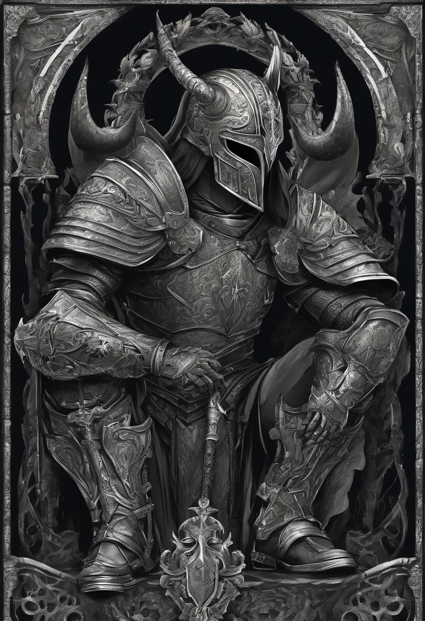 sacred warrior male, front, kneeling, full silver armor, helmet with three horns, sword and shield