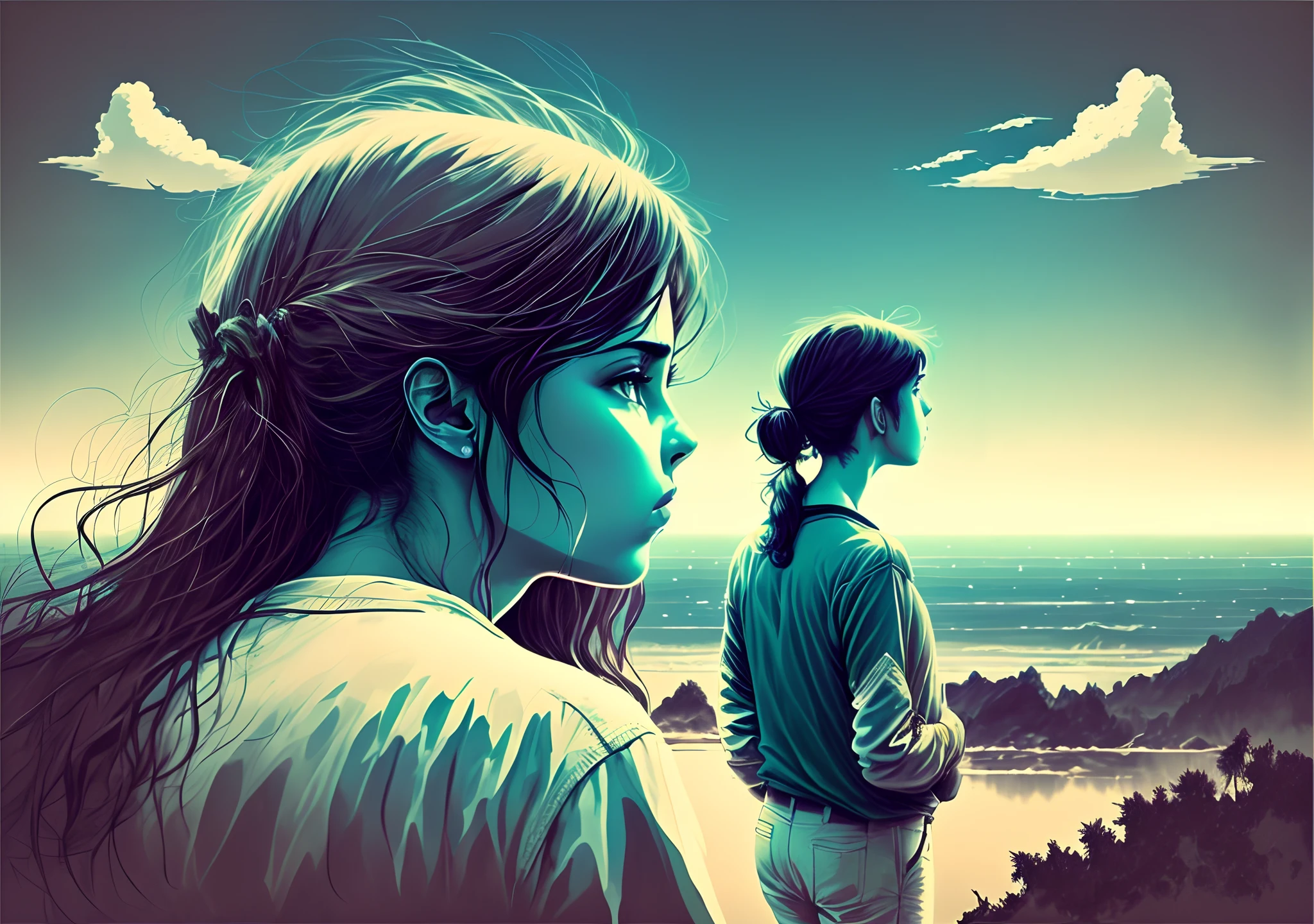 Illustrate a person looking perplexed while gazing at the horizon, questioning the nature of their reality.